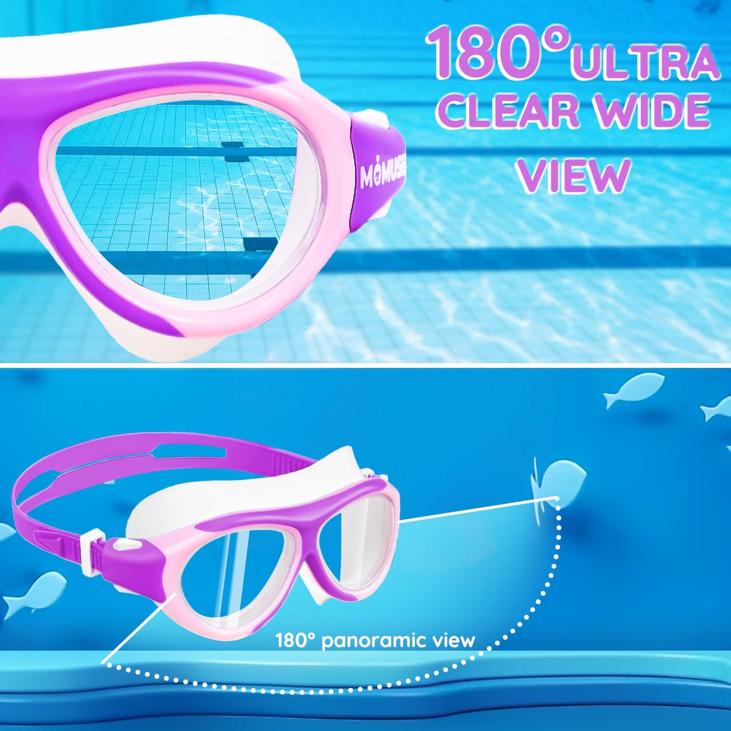 MOMUSE Kids Swim Goggles 8-16 with Wider Gasket, Pool Goggles Anti-Fog & Wide View & No Leak, Swimming Goggles for Girls (Purple)
