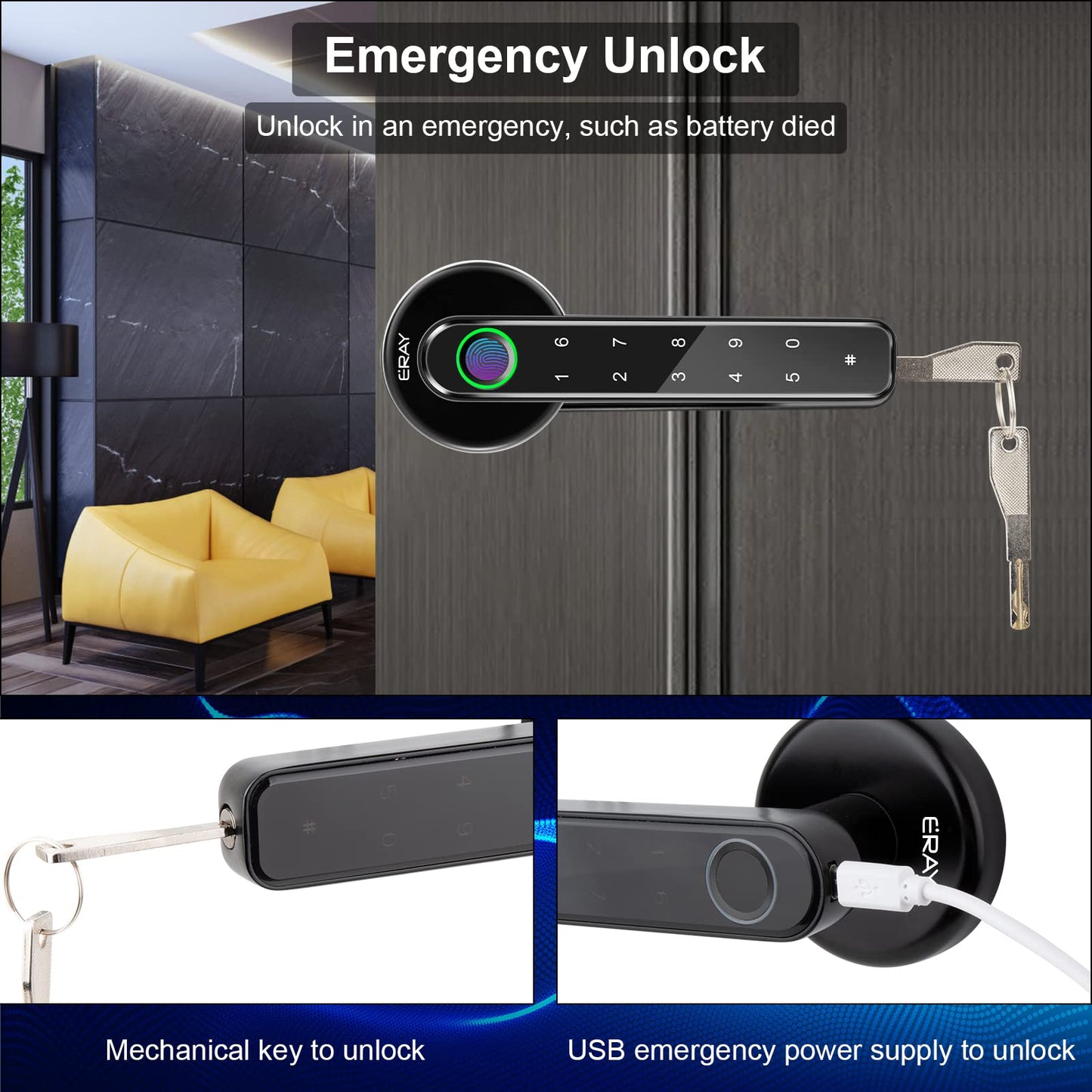 Fingerprint Door Lock Set, ERAY Smart Door Lock, 4 in 1 Keyless Entry Door Knob with Bluetooth APP, Fingerprint, Keypad Code, Keys, Interior Security Lock Set for Home Hotel Apartment
