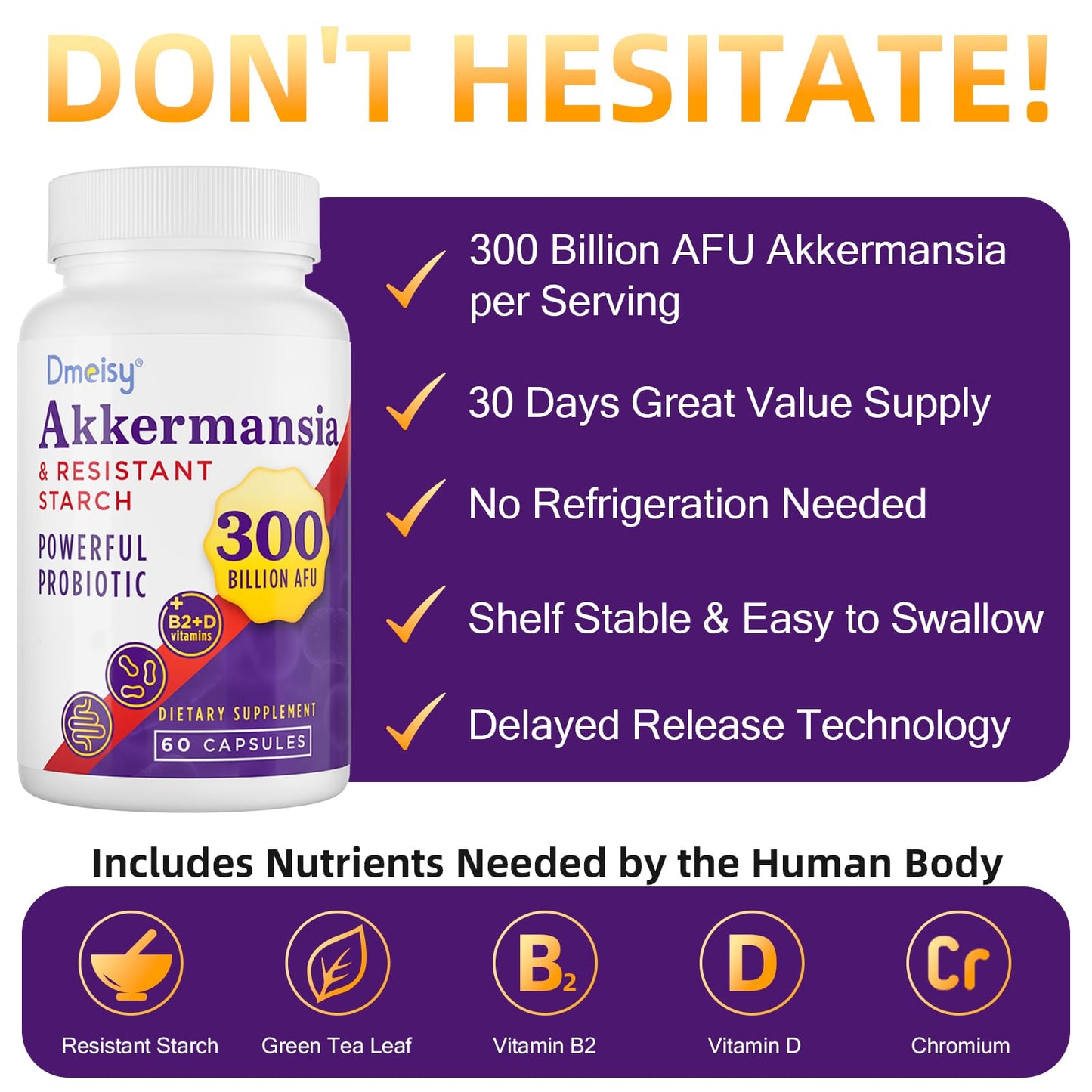 GLP-1 Supplement - 300 Billion AFU Akkermansia Muciniphila, Akkermansia Probiotic for Women & Men, for Boost GLP-1, Digestive, Gut, Immunity, Enhances Gut Lining Function & Intestinal Walls, 60 Count