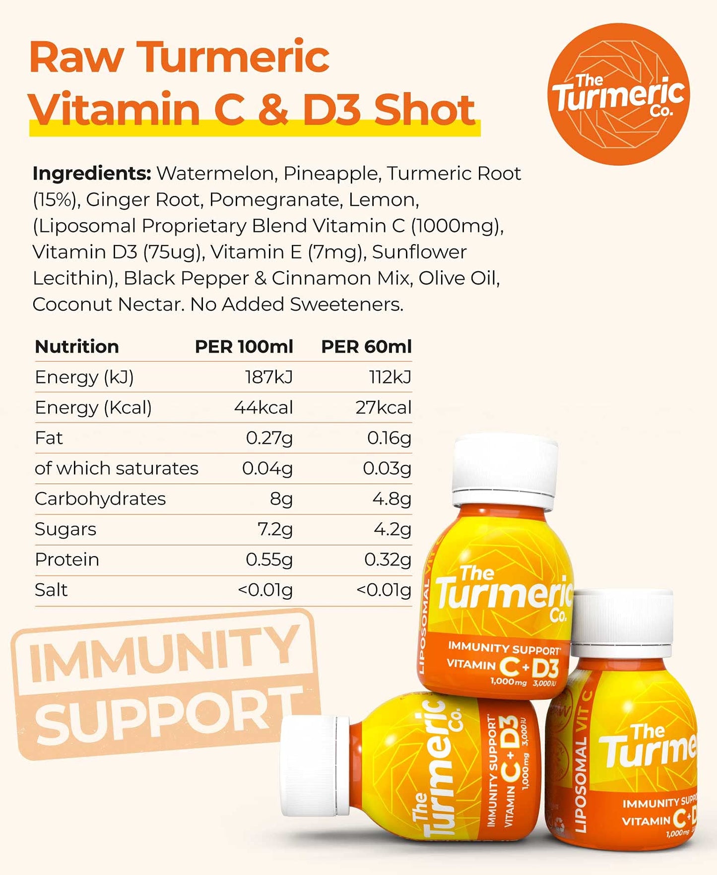 The Turmeric Co Vitamin C Turmeric Drink - 28 Shots - 1000mg VIT C per Shot, Vitamin D3 3000 IU & Raw Turmeric, Health Energy Shots, Immune System Booster,100% Natural Fresh Ingredients