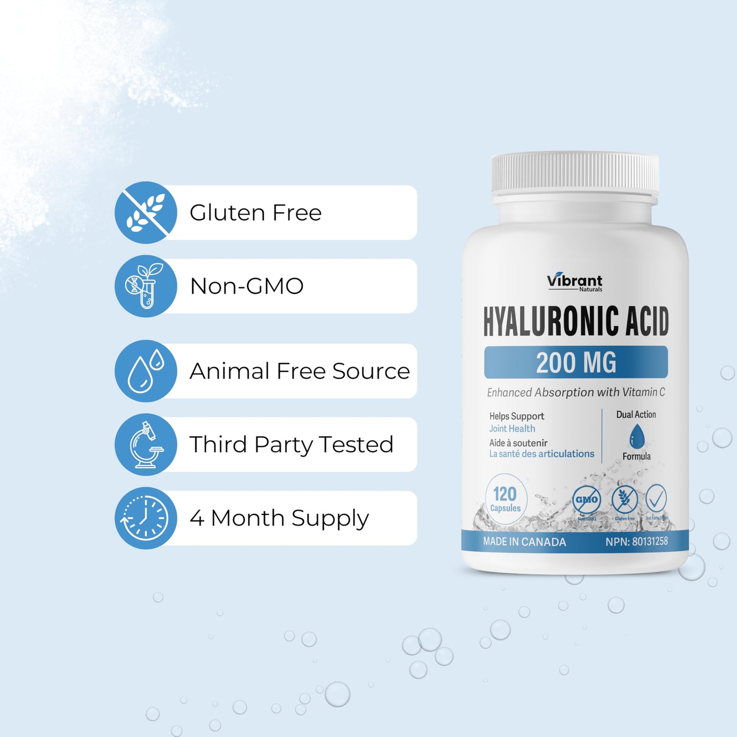 Vibrant Naturals Hyaluronic Acid Supplement 200mg - 120 Capsules, with Vitamin C 100mg, Joint & Skin Health, Non-GMO Fermentation, Gluten Free, Third Party Tested, Bioavailable Formula