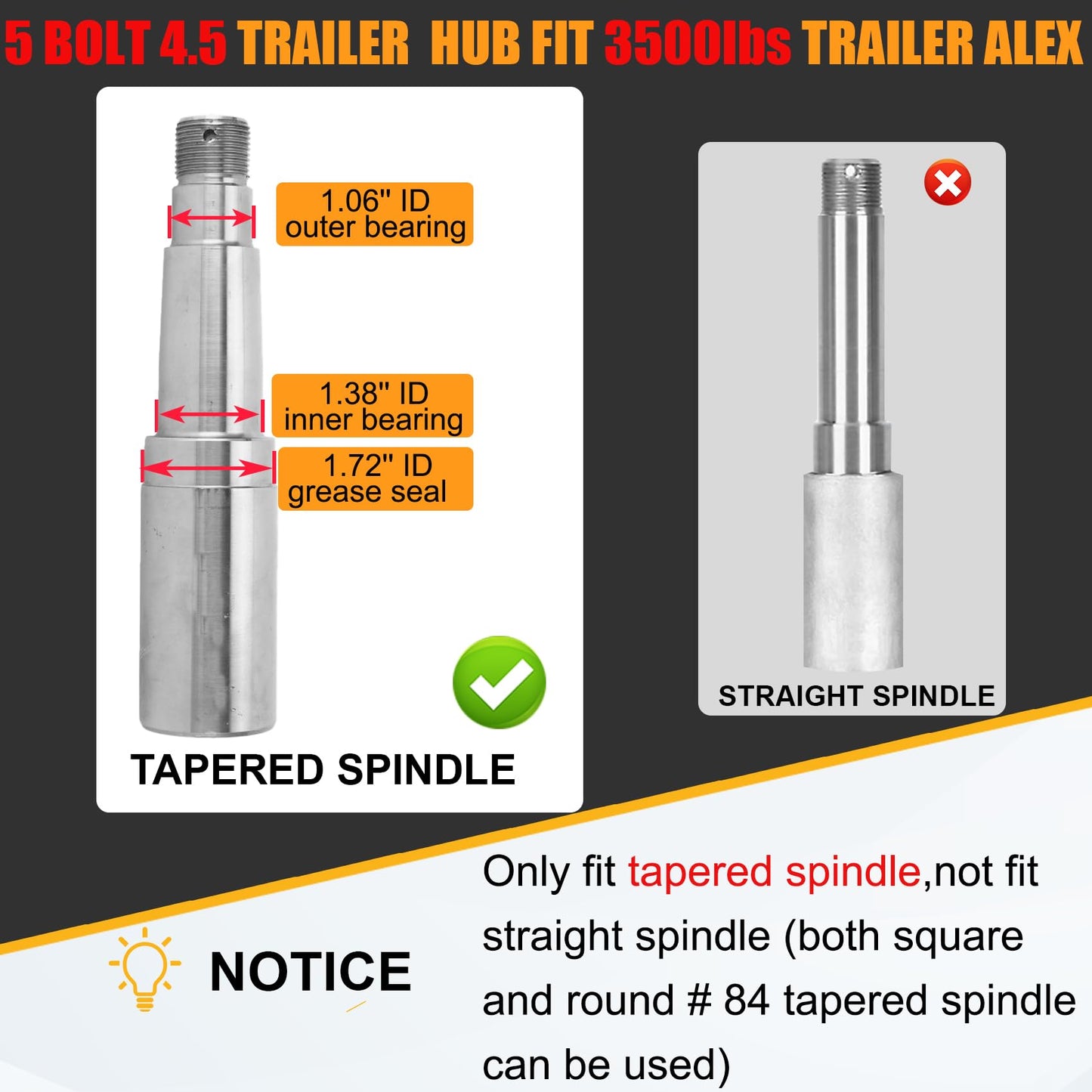 2 Sets 3500lb Trailer Axle Trailer Hub Kit 5 Bolt 4.5",5×4.5 Trailer Hub fit 1-1/16" to 1-3/8" Tapered Trailer Spindle,Trailer Hub Assembly,Boat Trailer Hubs 5 Lug (Not Fit for Straight Spindle)