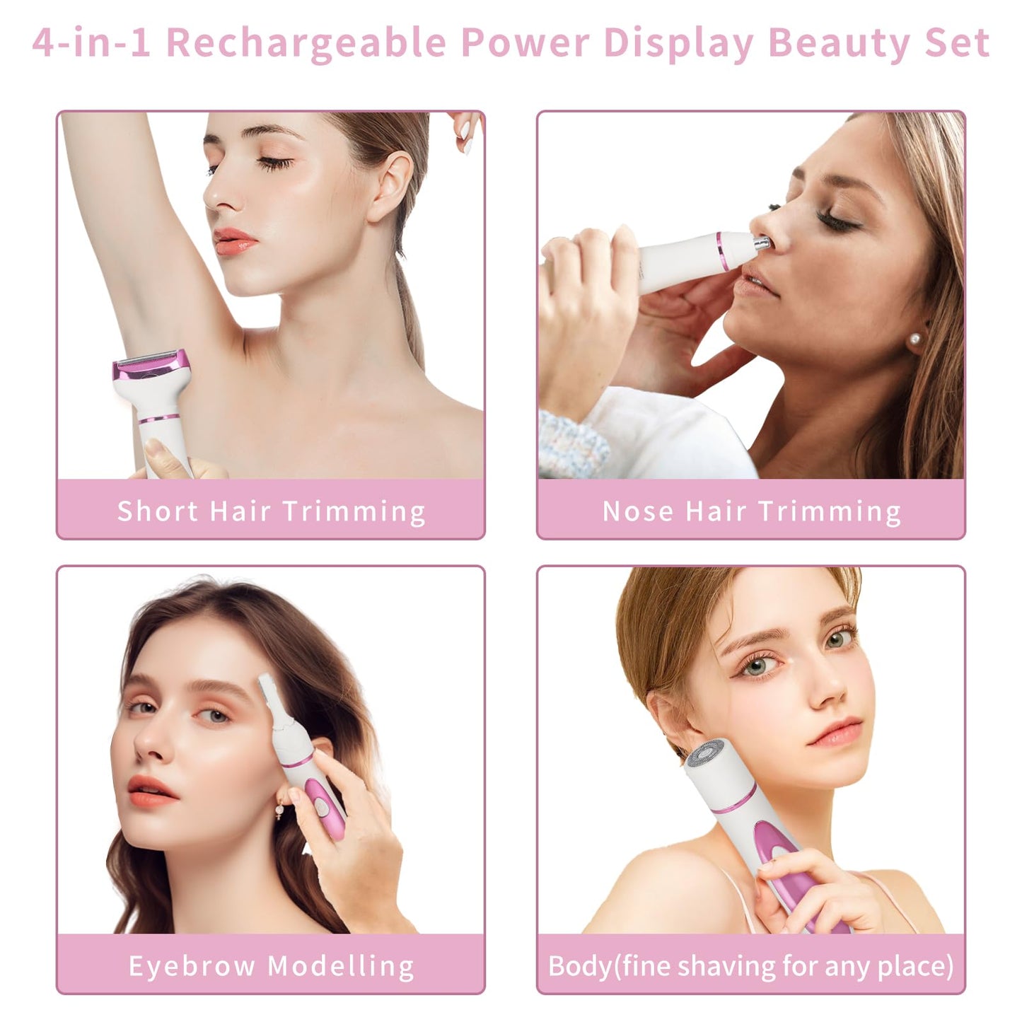Beanify Electric Razor for Women Men,4 in 1 Painless Ladies Wet & Dry Body Razors and Facial Hair Remover,Rechargeable Led Display Hair Removal Kit for Nose Face Body Leg Bikini Arm Hair (Pink)