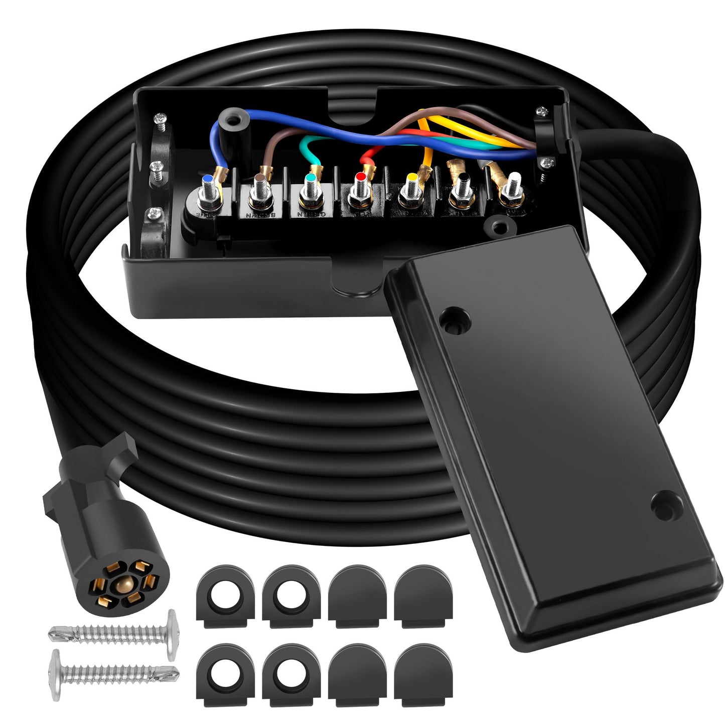 7 Way Trailer Plug 12 Feet Inline Trailer Cord Heavy Duty with 7 Gang Junction Box,7 Pin Trailer Plug with Weatherproof Junction Box for Easy Installation
