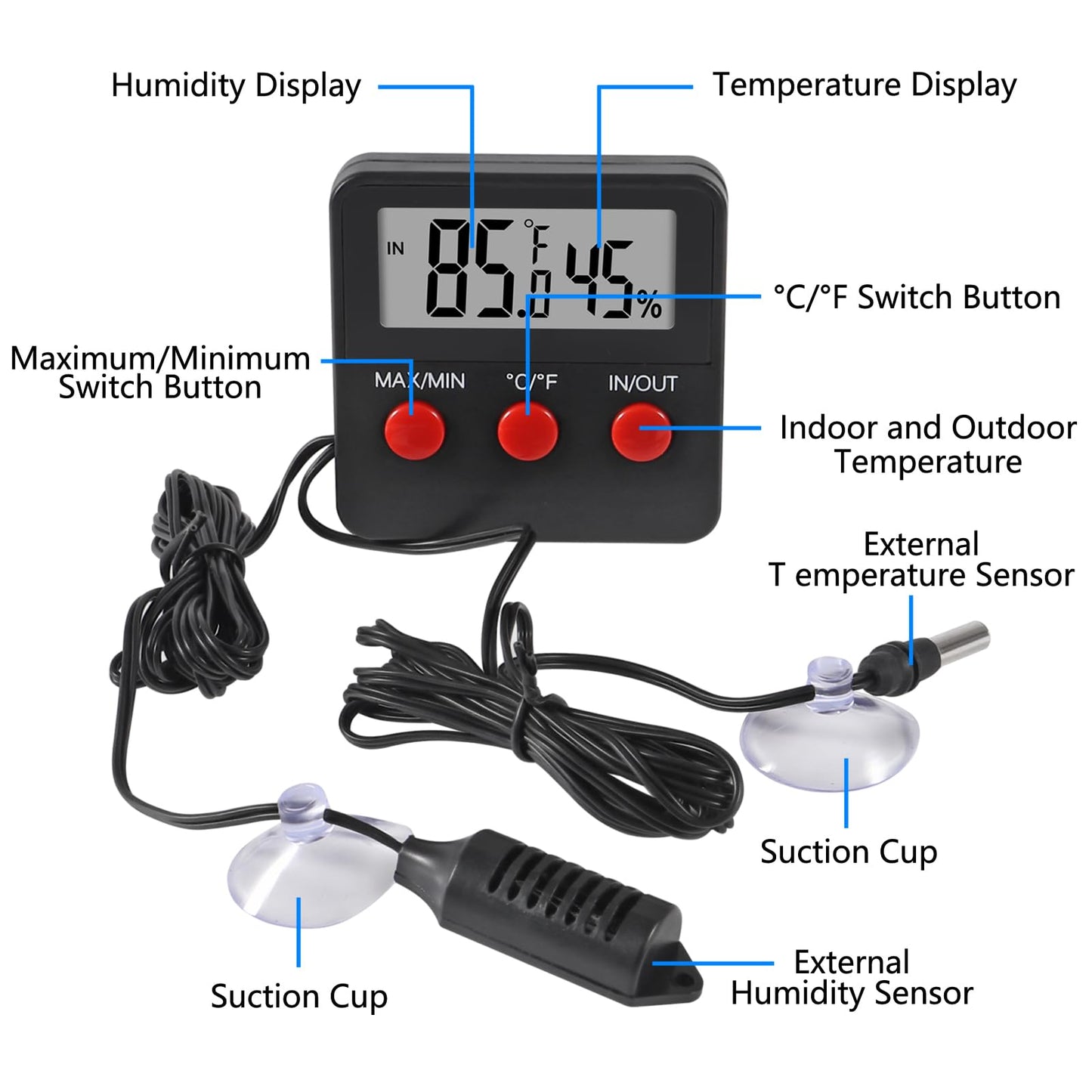 4Pcs Digital Thermometer and Humidity Thermometers Indoor and Outdoor Digital Temperature and Hygrometer Gauge with Probe for Reptile Terrarium Thermometer Pet Keeping