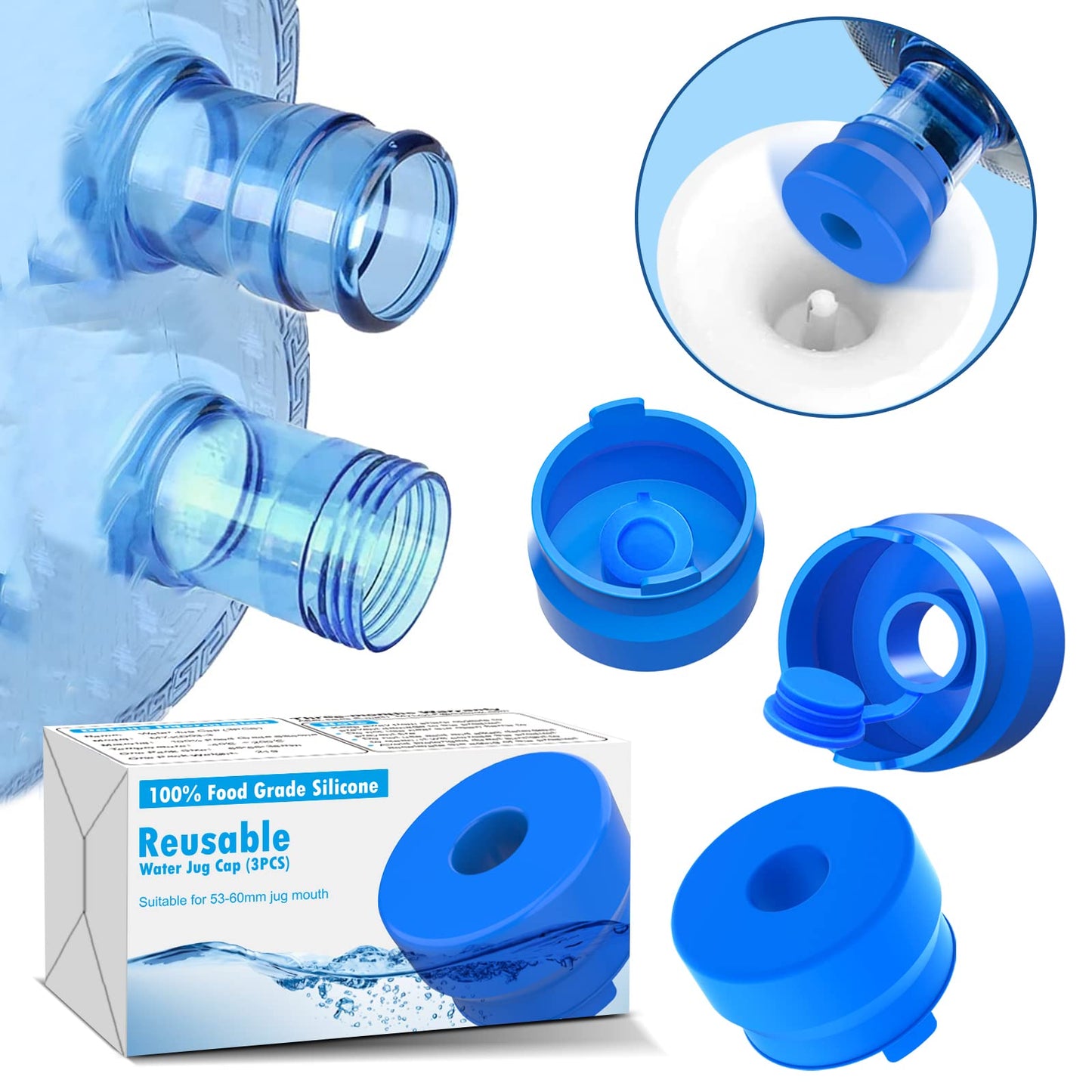 MYLOLF 3 & 5 Gallon Water Jug Cap, Reusable Food Grade Silicone Replacement Cap for 55mm Standard/Screw/Crown Tops Water Bottle and Water Dispensers, Non-Spill & Leak Free - 12PCS
