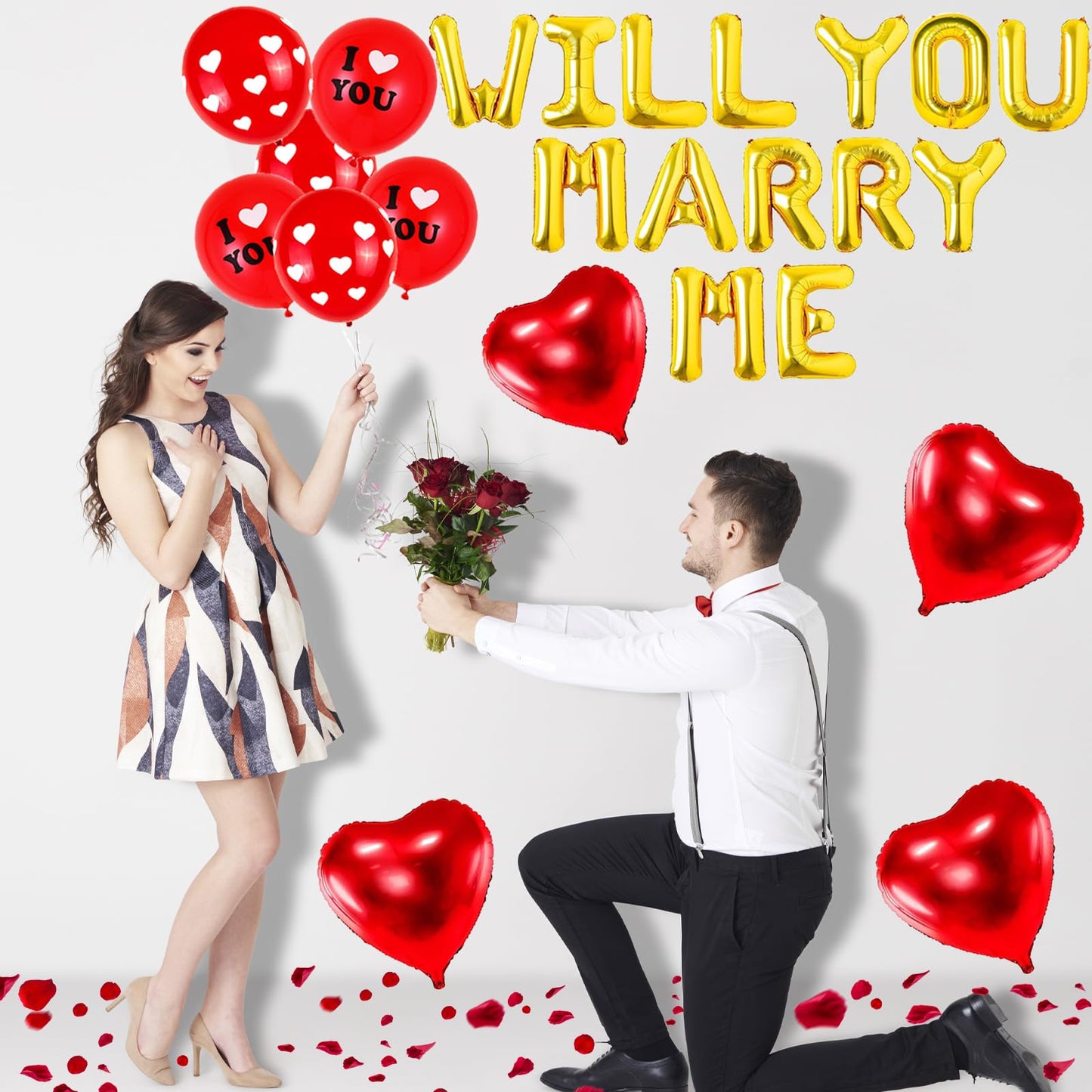 138 Pcs Will You Marry Me Decorations, Gold and Red I Love You Party Supplies, Swirls Foil Balloons Red Heart Balloons Rose Petals for Romantic Engagement Valentines Anniversary Decorations