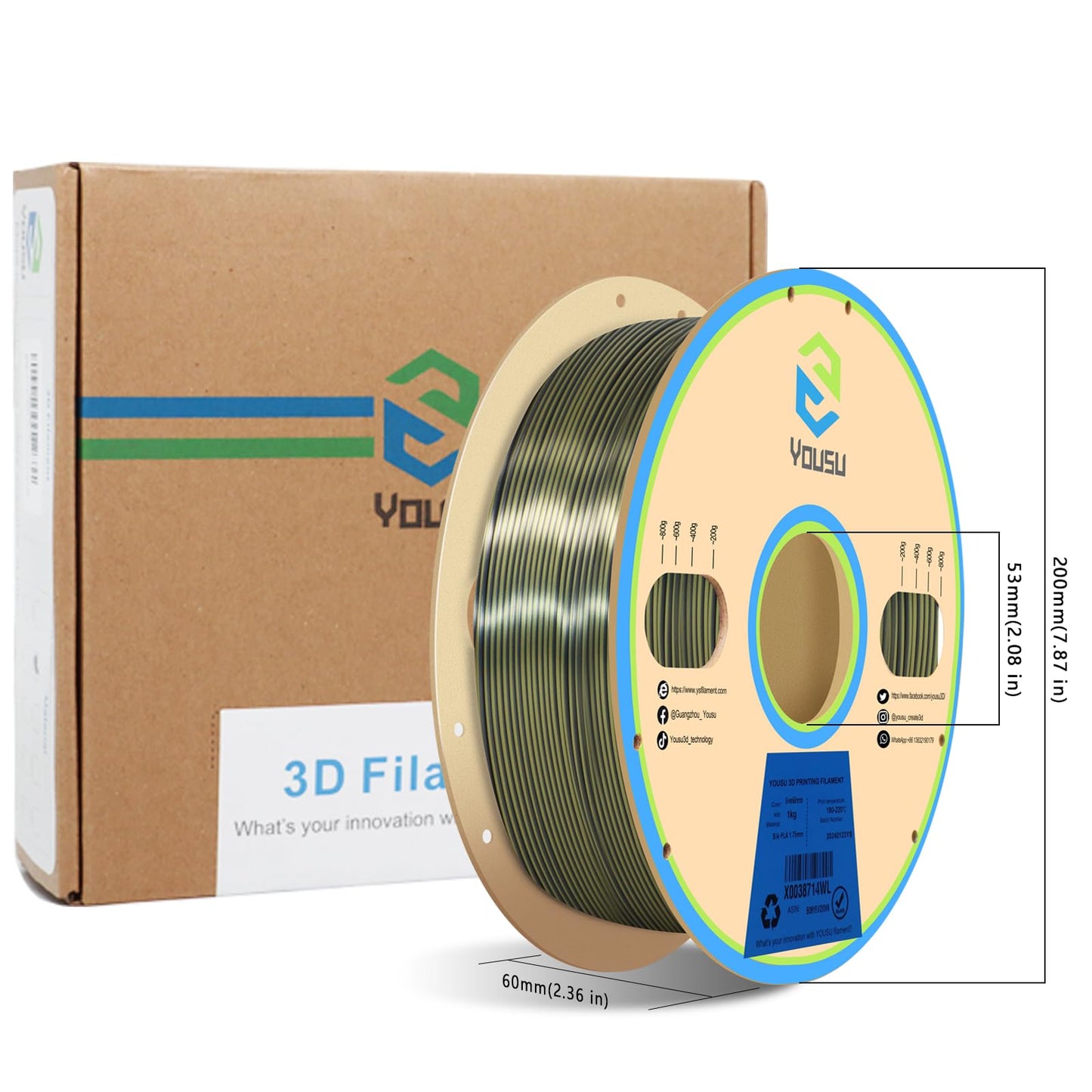 YOUSU Silk Dual Color PLA Filament, Coextrusion Filament, Multicolor 3D Printer Filament 1kg, Dichromatic Filament 1.75mm (± 0.03 mm) Compatible with Most of 3D Printer, Silk Silver Bronze