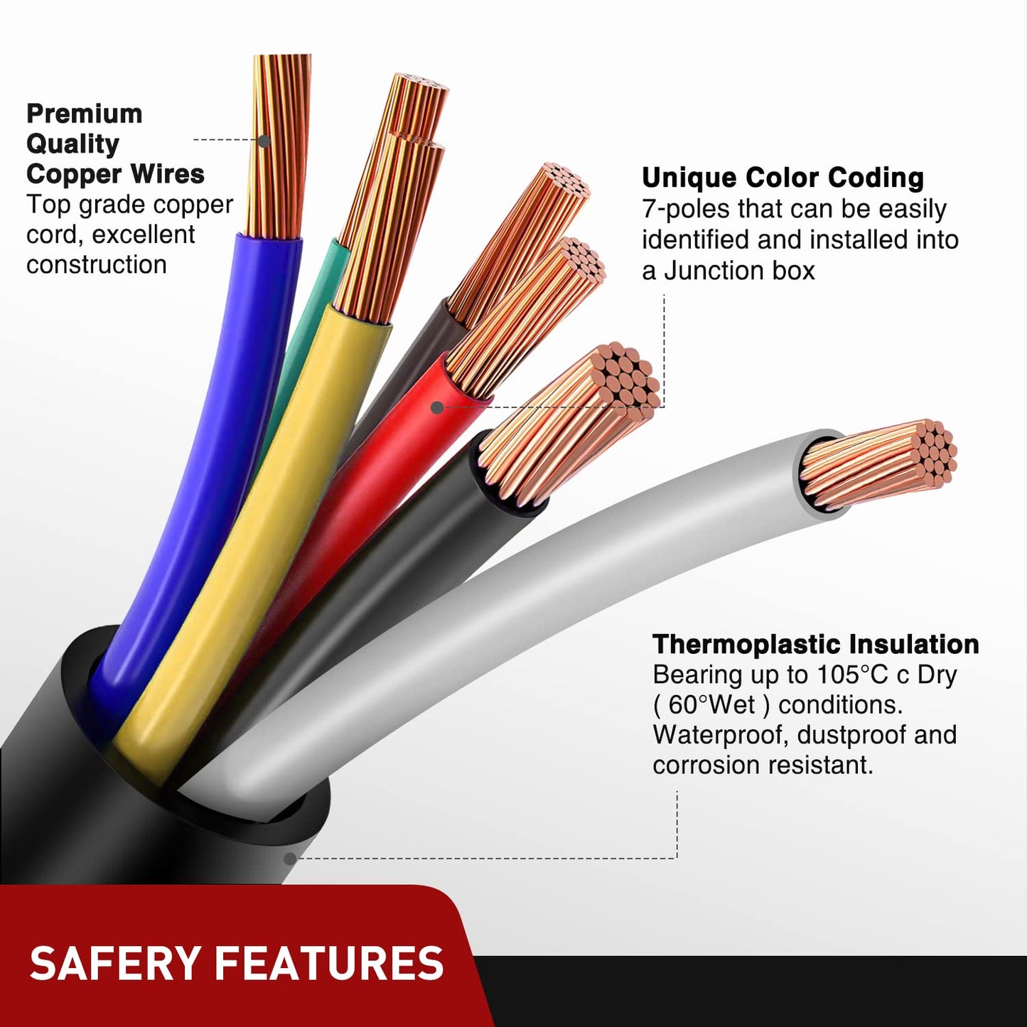 Nilight 7Way 16FT 7 Way Trailer Extension Cord Heavy Duty Plug Inline Cord 16 FT for Truck Camper Blade Molded RV Cable Wire Weatherproof Corrosion Resistant 7 Pin Trailer Plug Wire Harness