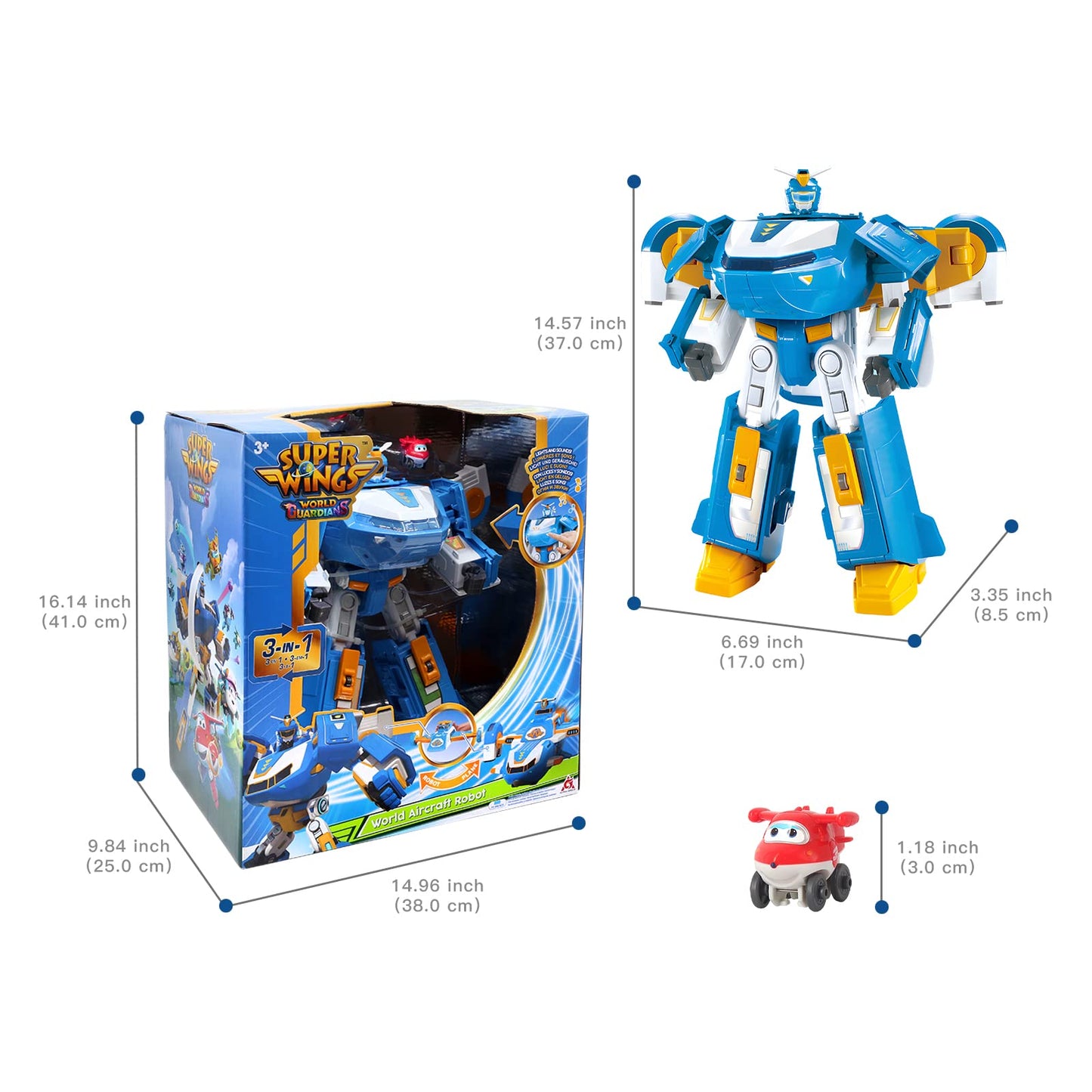 Super Wings 3-in-1 World Aircraft Transforming Robot with Light and Sound Effects, with a 2‘’ Transformable Robot Jett, Transformable Toy for Girls and Boys Aged 3 Years up, Blue