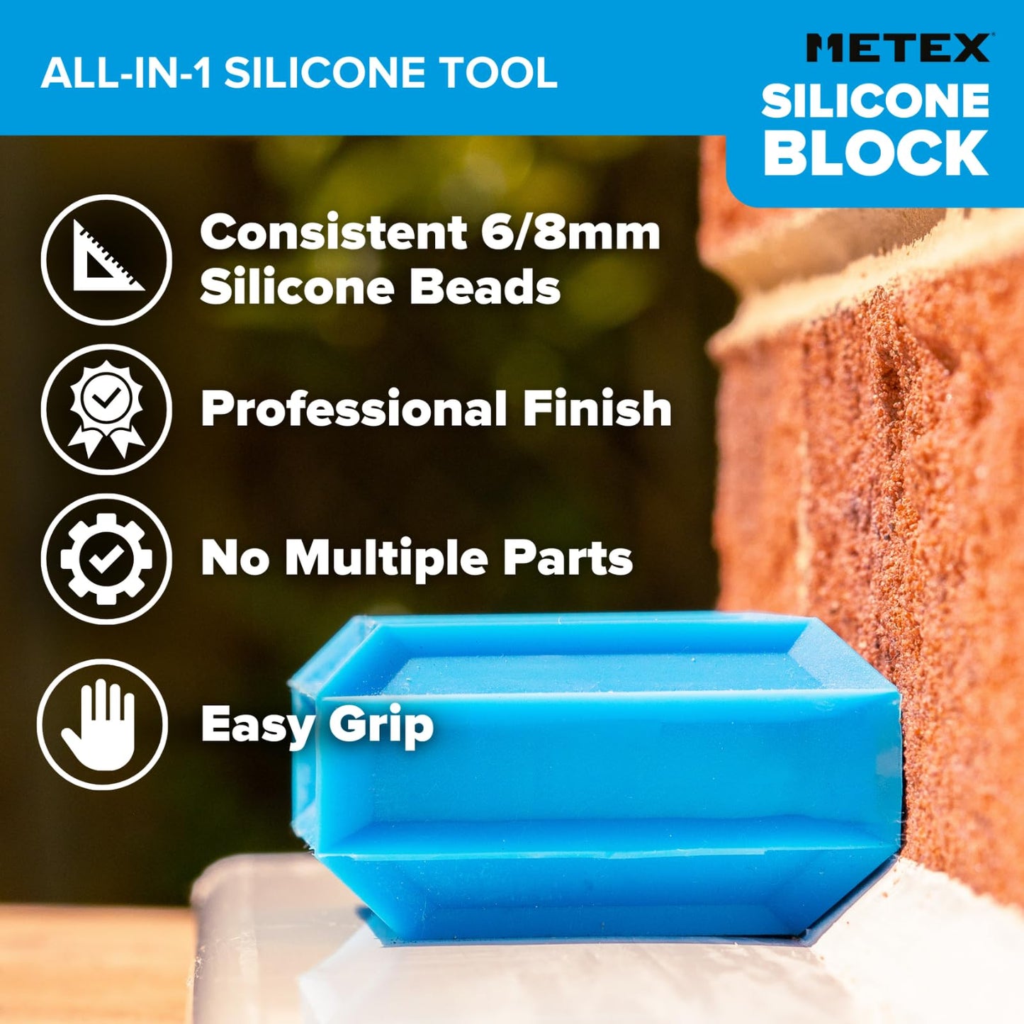 Metex Silicone Block - 5 in 1 Easy Grip Sealant Shaping & Finishing Caulking Tool - Creates A Consistent Width Bead. Sharp & Consistent Internal Corners with A Choice of 6mm Or 8mm Bead