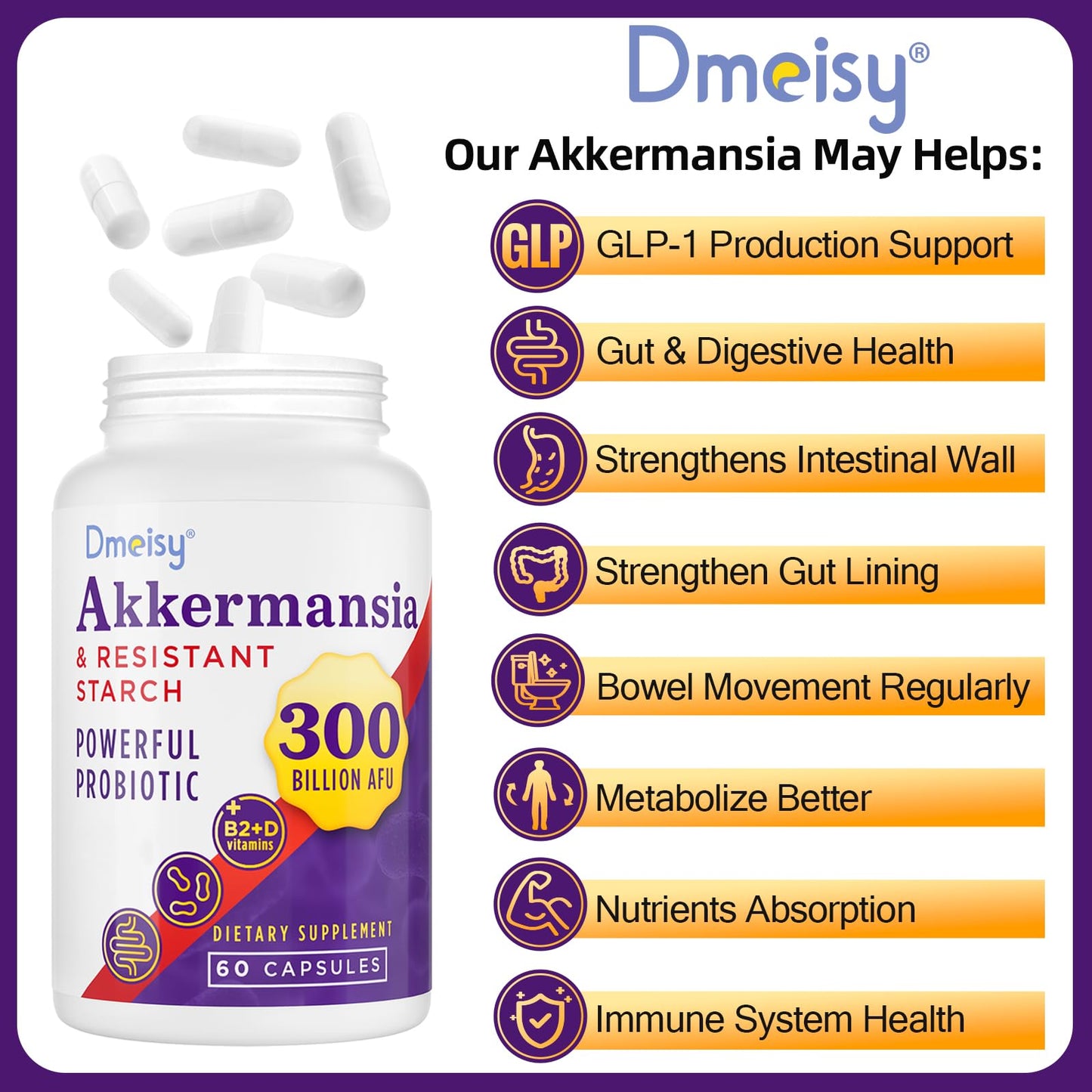 GLP-1 Supplement - 300 Billion AFU Akkermansia Muciniphila, Akkermansia Probiotic for Women & Men, for Boost GLP-1, Digestive, Gut, Immunity, Enhances Gut Lining Function & Intestinal Walls, 60 Count