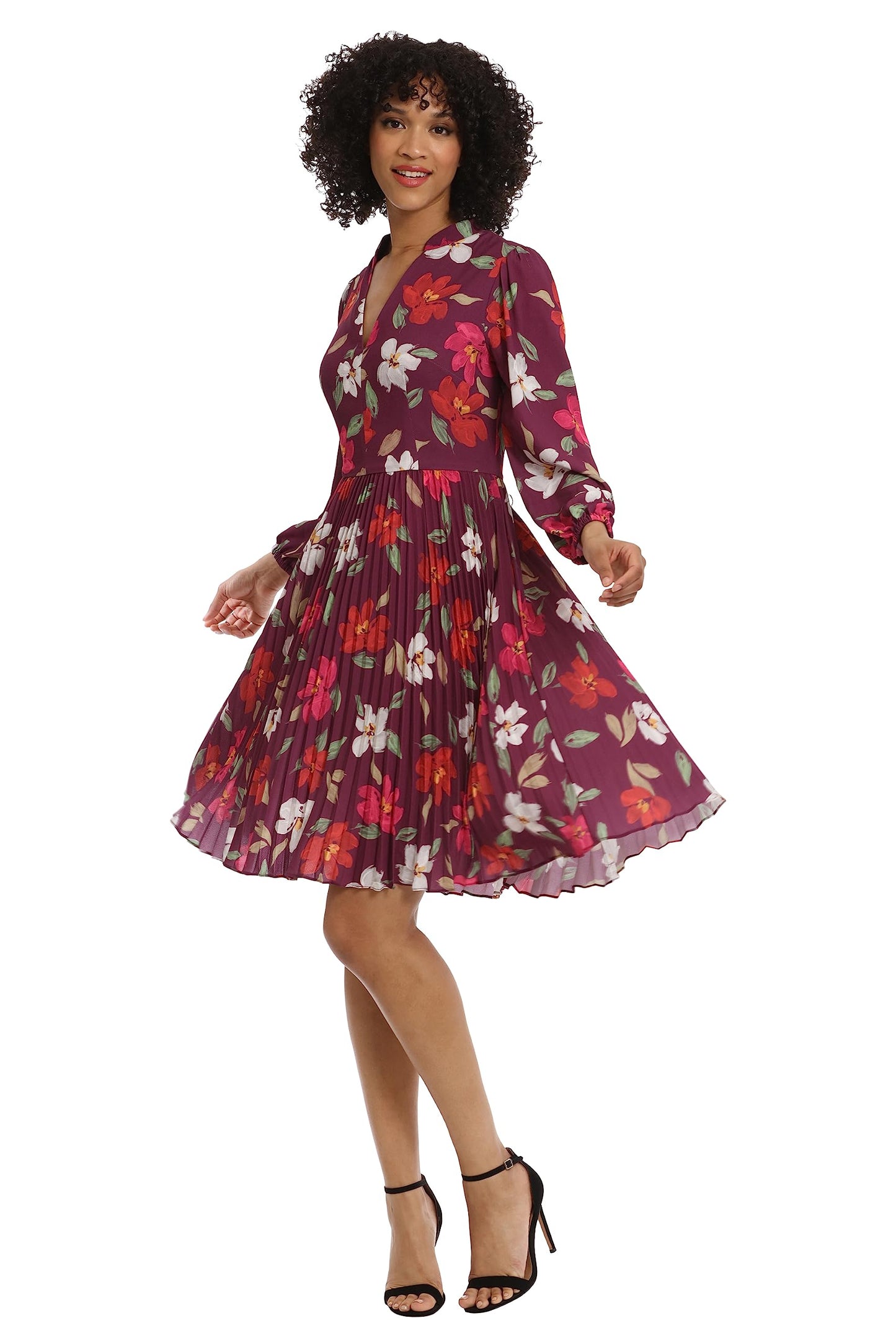 Maggy London Women's V-Neck Pleated Skirt Dress Career Workwear Desk to Dinner Event Party Guest of, Rose Wine/Raspberry
