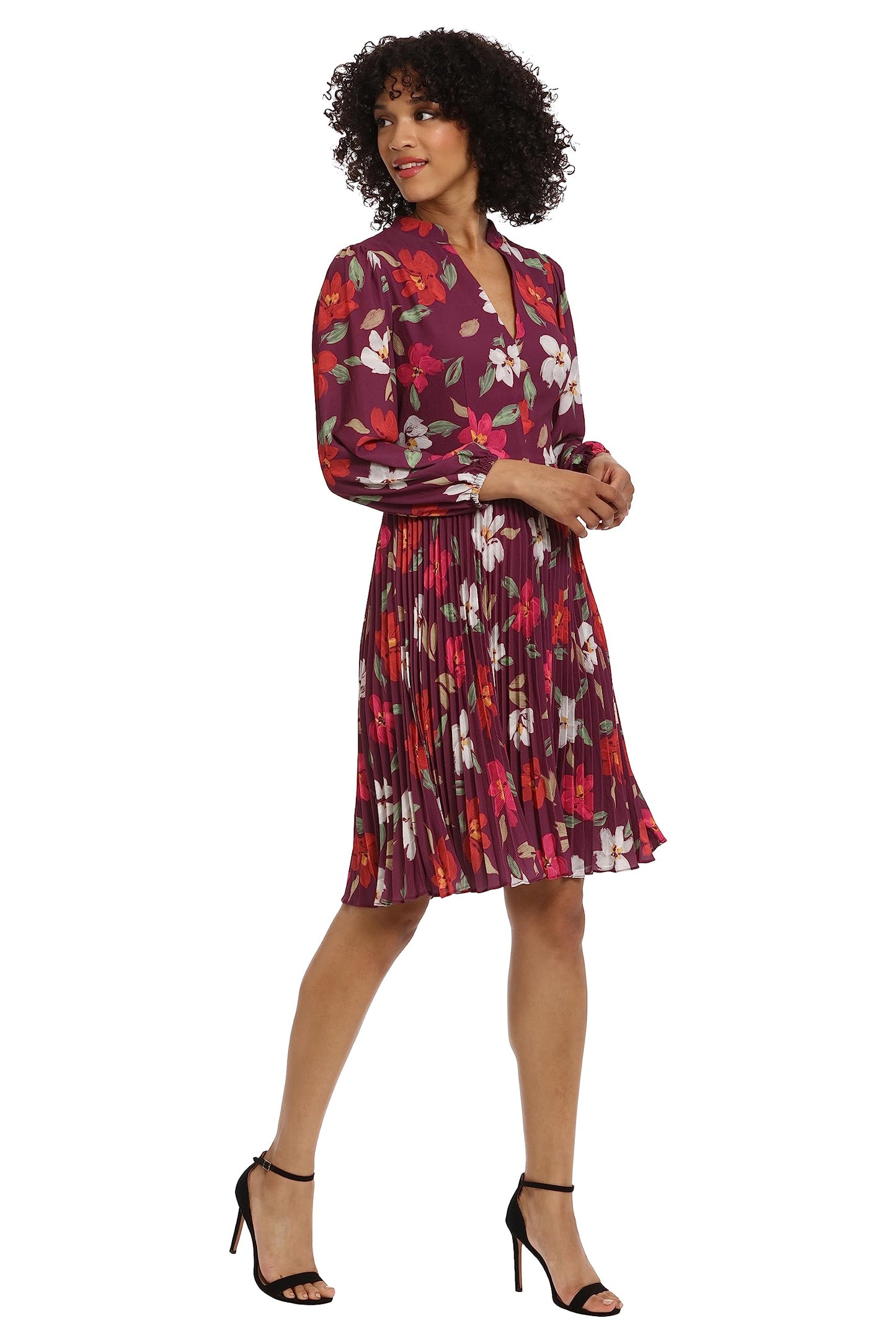 Maggy London Women's V-Neck Pleated Skirt Dress Career Workwear Desk to Dinner Event Party Guest of, Rose Wine/Raspberry