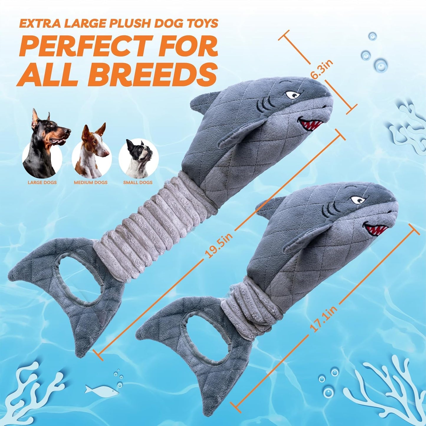 LEGEND SANDY Dog Toys for Aggressive Chewers, Large Dog Toys to Keep Them Busy, Interactive Squeaky Pet Toys, Tug of War, Crinkle Grey Shark