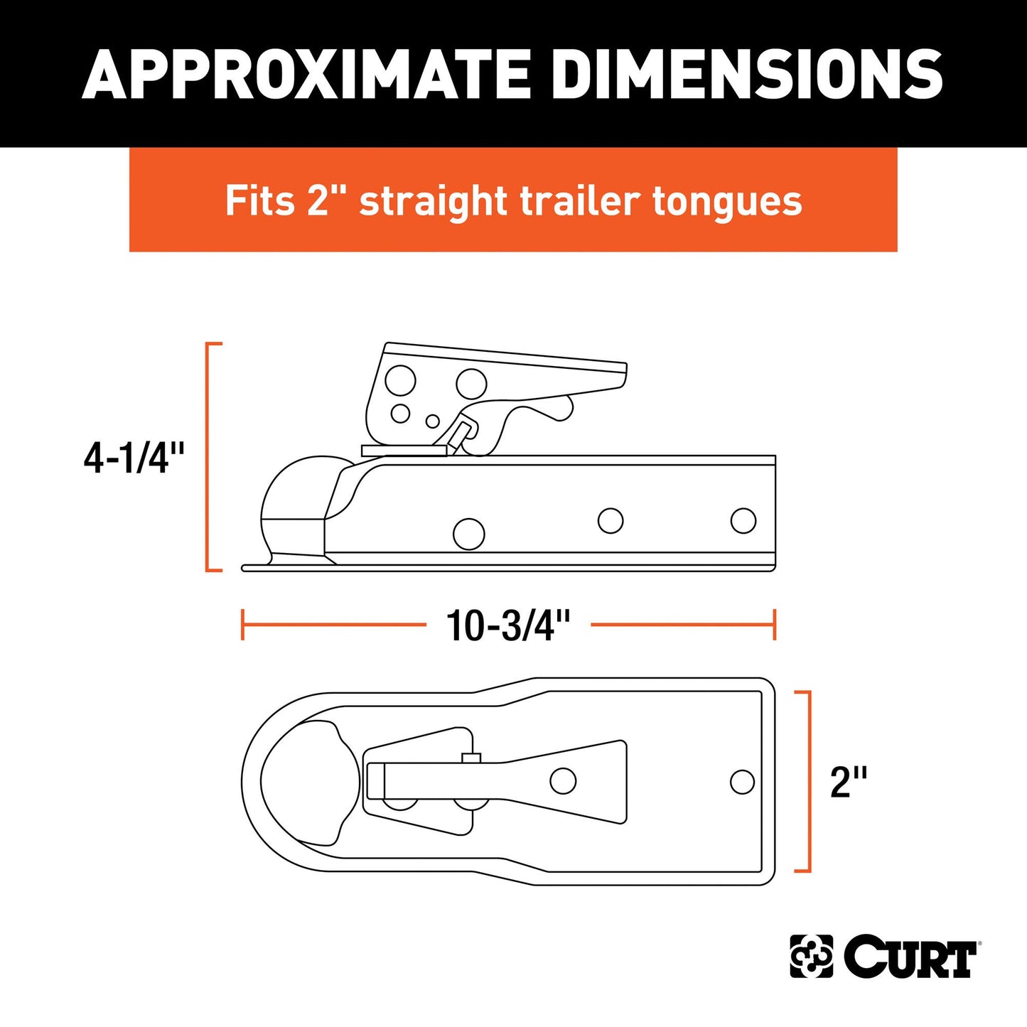 CURT 25153 Straight Tongue Trailer Coupler for 2-Inch Channel, 2-In Hitch Ball, 3,500 lbs