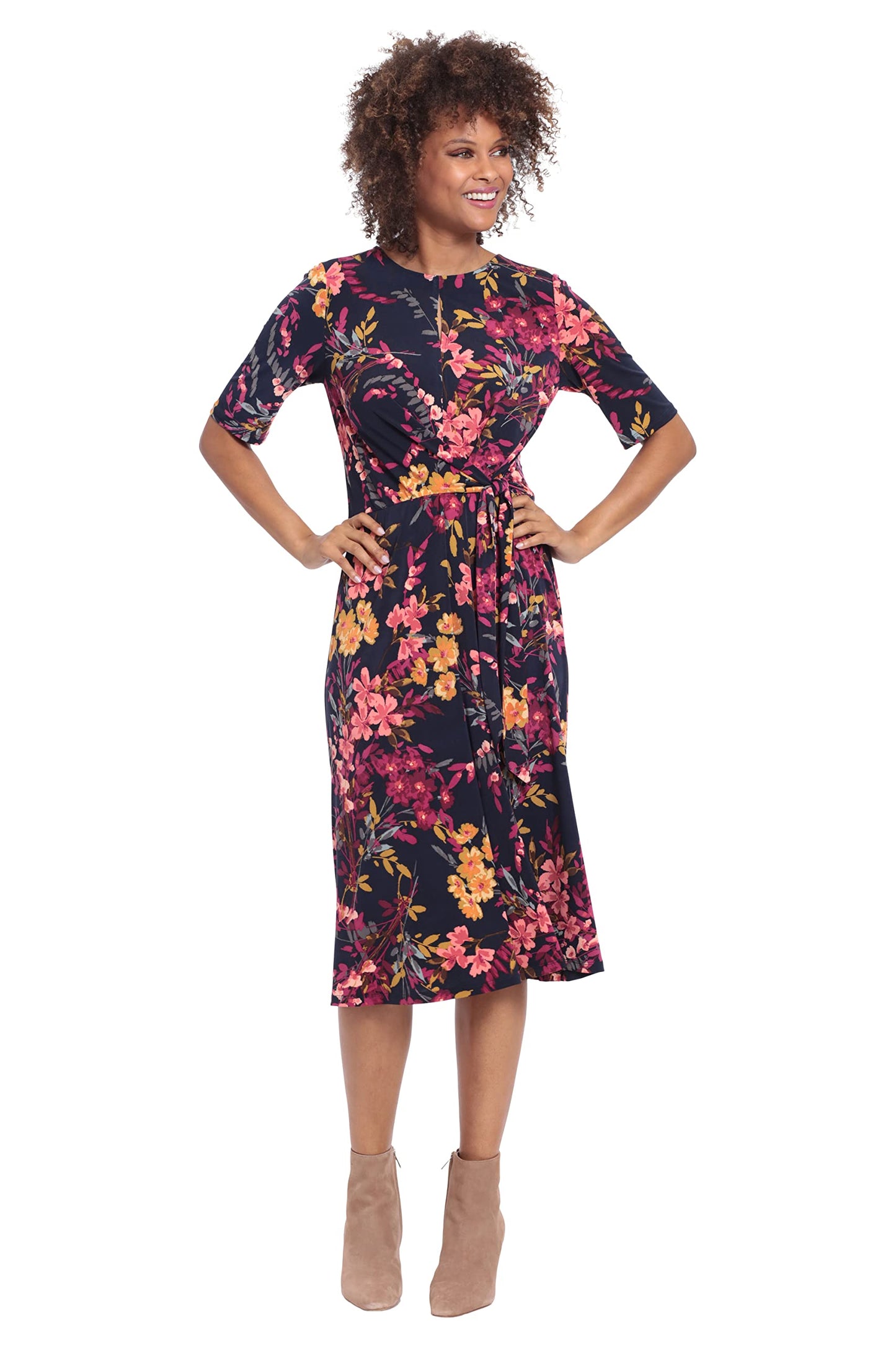 London Times Women's Side Waist Tie Fit and Flare Dress