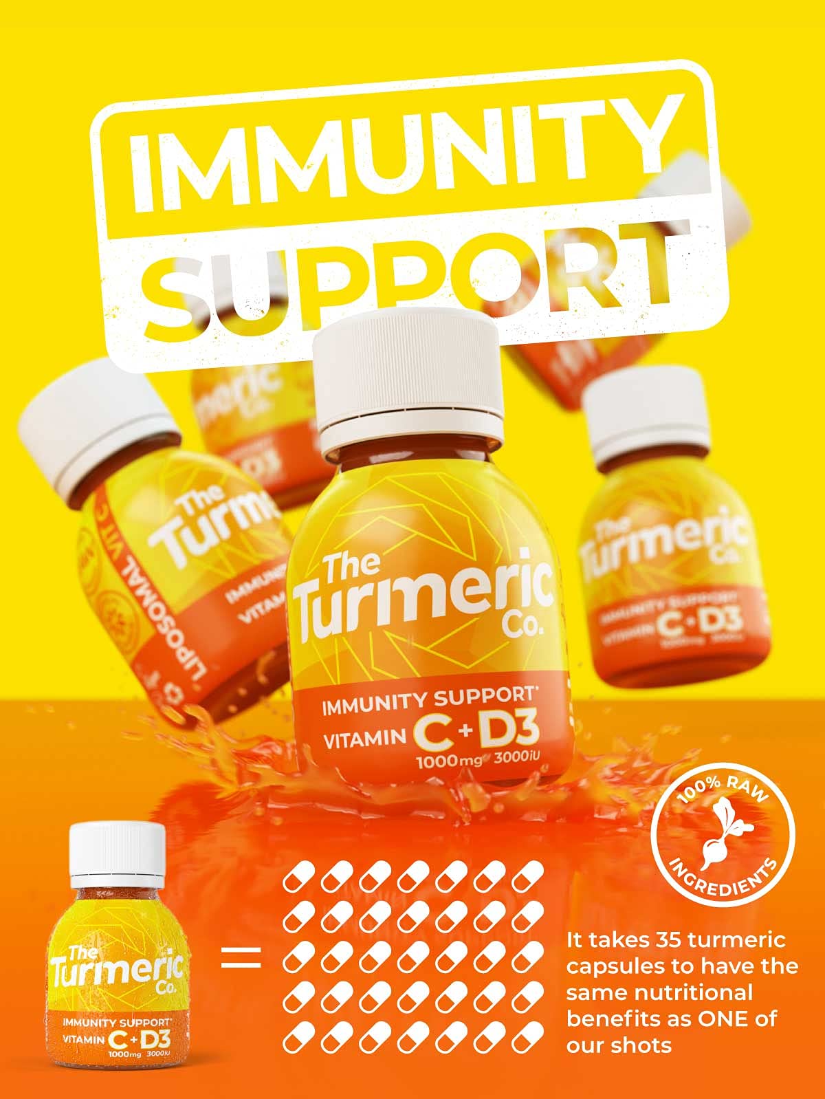 The Turmeric Co Vitamin C Turmeric Drink - 28 Shots - 1000mg VIT C per Shot, Vitamin D3 3000 IU & Raw Turmeric, Health Energy Shots, Immune System Booster,100% Natural Fresh Ingredients