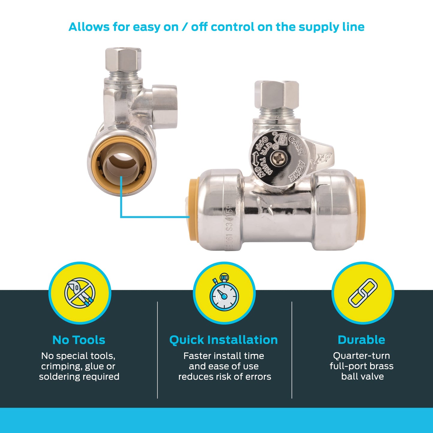 SharkBite 3/4 x 3/4 x 3/8 Inch Compression Tee Stop Valve, Push to Connect Brass Plumbing Fitting, PEX Pipe, Copper, CPVC, PE-RT, HDPE, 24986A