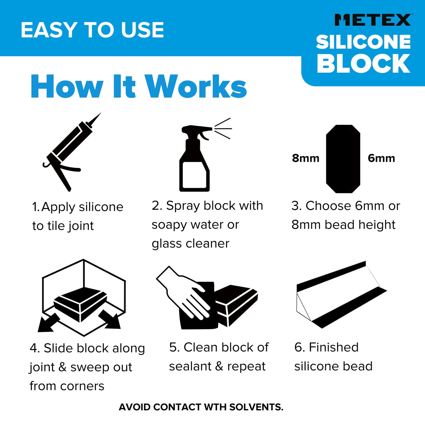Metex Silicone Block - 5 in 1 Easy Grip Sealant Shaping & Finishing Caulking Tool - Creates A Consistent Width Bead. Sharp & Consistent Internal Corners with A Choice of 6mm Or 8mm Bead