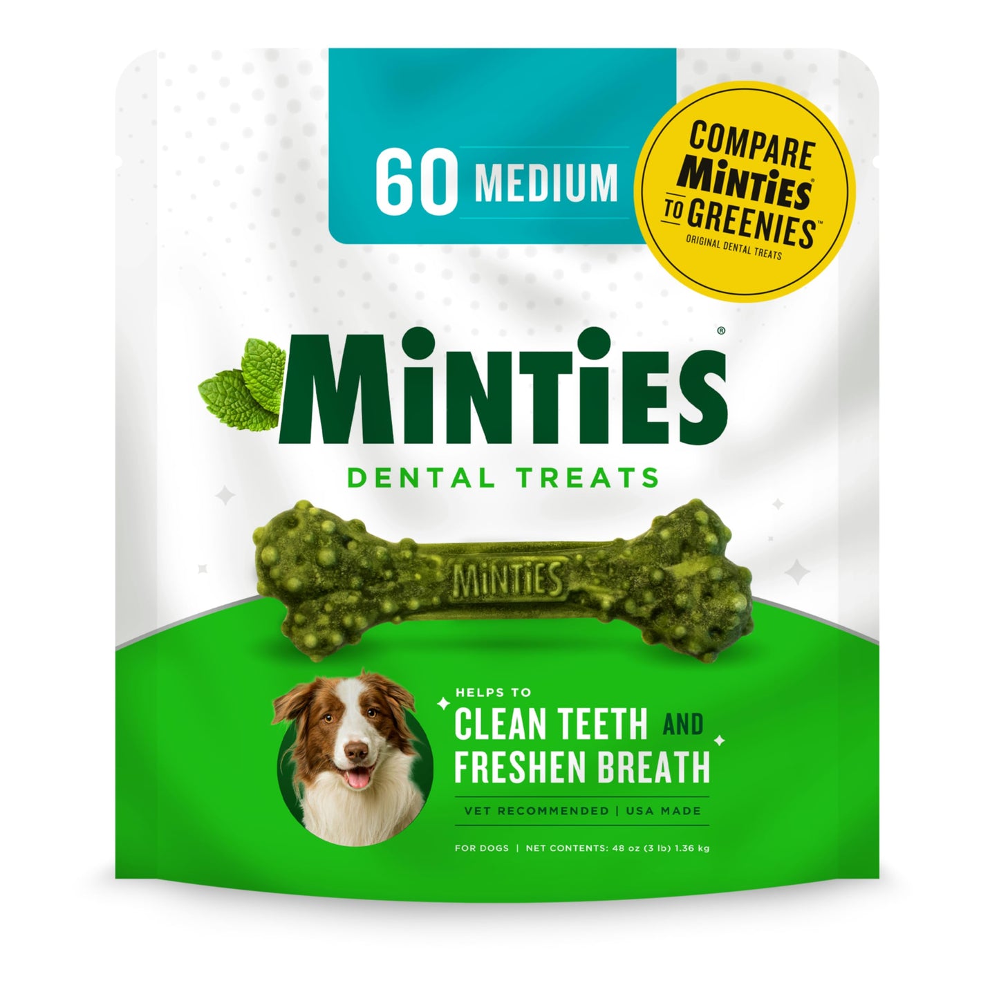 Minties Dental Chews for Dogs, 60 Count, Vet-Recommended Mint-Flavored Treats for Medium Dogs 25-50 lbs, Bones Clean Teeth, Fight Bad Breath, and Removes Plaque and Tartar