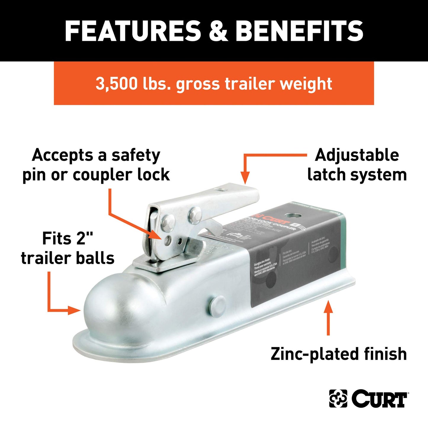 CURT 25153 Straight Tongue Trailer Coupler for 2-Inch Channel, 2-In Hitch Ball, 3,500 lbs