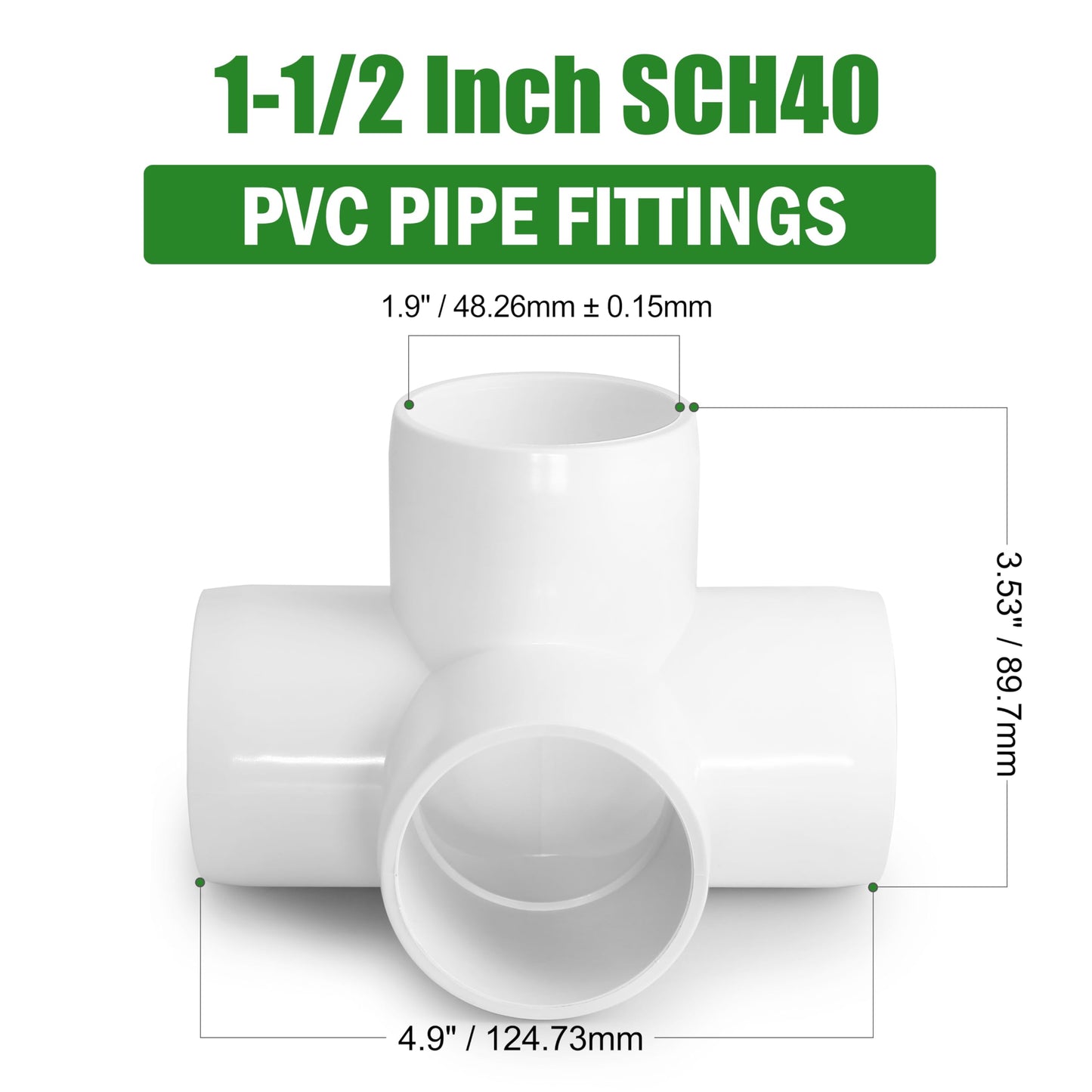 4 Way PVC Pipe Fittings 1-1/2 Inch, Zernmiarder White PVC Elbow Corner Side Outlet Tee Fitting, SCH40 Furniture Grade Pipe Connectors - Fits 1-1/2" Polyvinyl Chloride Pipes, 4 Pieces