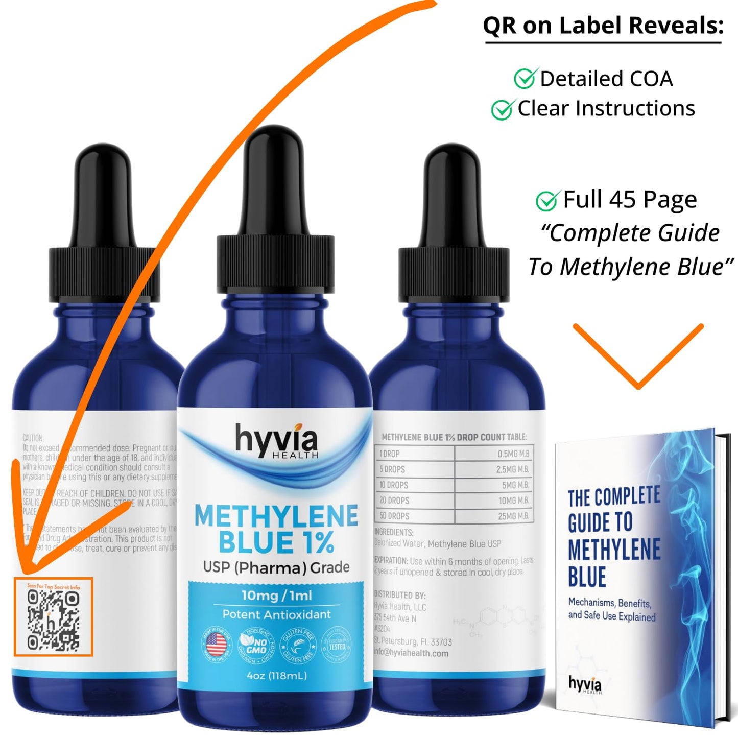Methylene Blue 1% Value Size USP Pharmaceutical Grade For Humans - 99.99% Purity - Third-Party Tested, ISO-Certified, Formaldehyde & Alcohol Free Liquid Drops - 4fl oz (118mL) with Dropper