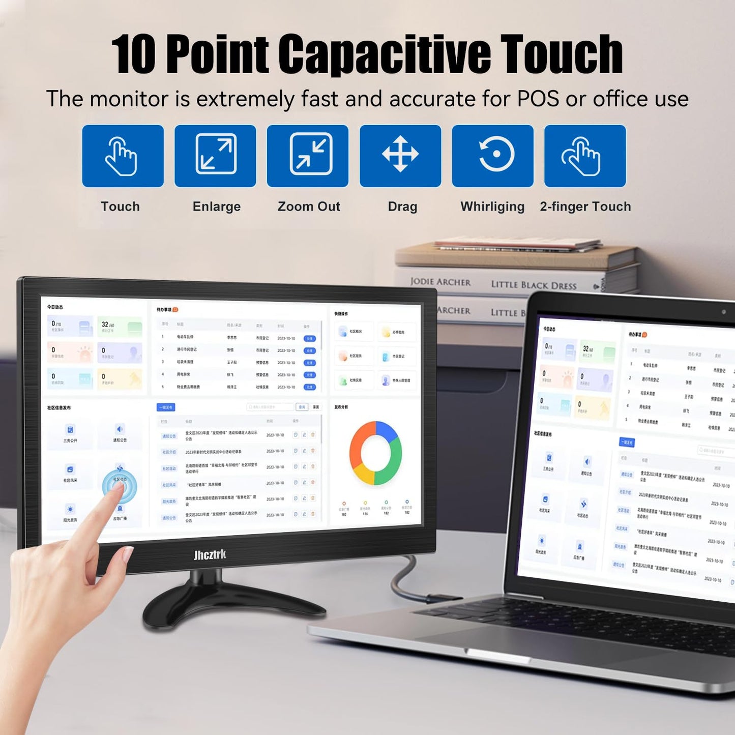 Jhcztrk 14 Inch Touchscreen Portable Monitor 1080P Touchscreen Display, 350cd/m², HDR, HDMI USB C, Built-in Speakers, VESA Compatible, Travelling Second Monitors for Laptops and Mobile Phones
