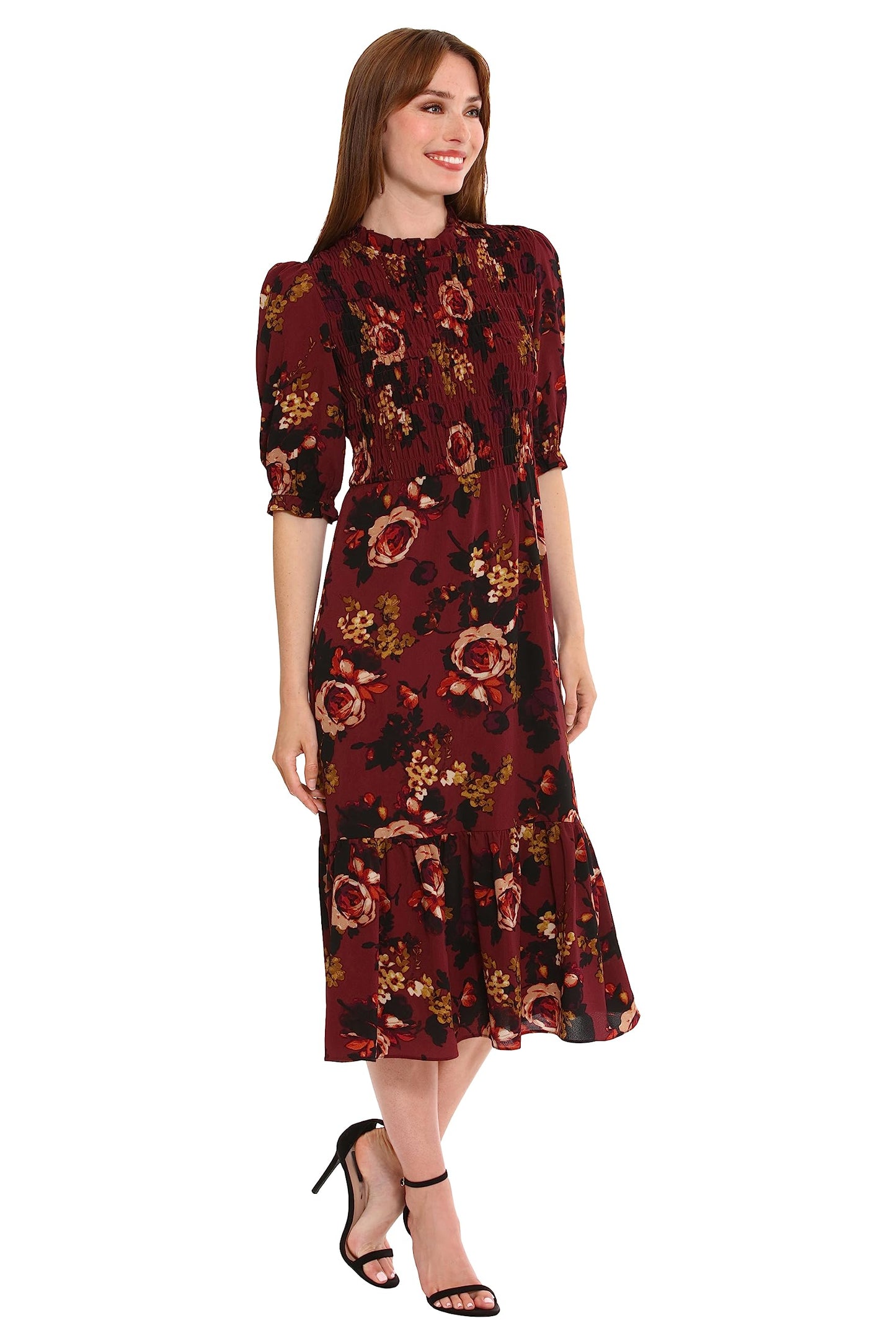 London Times Women's Dresses High Neck Sheer Midi Dress Red