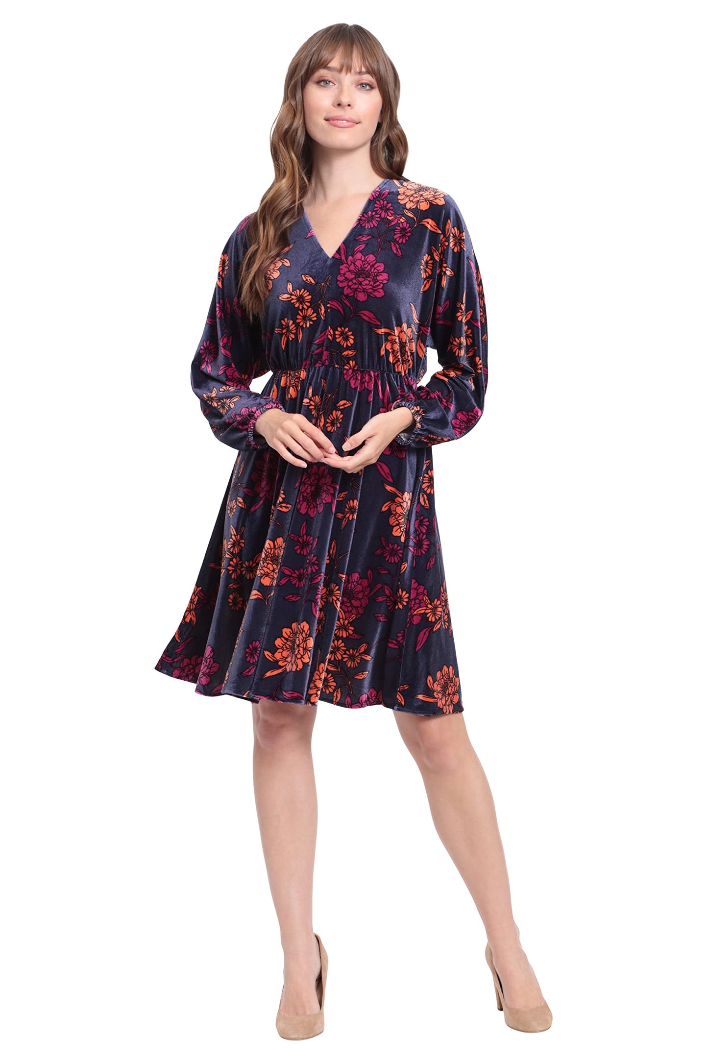 London Times Women's Long Sleeve V-Neck Dress, Navy/Burnt Ochre, X-Large
