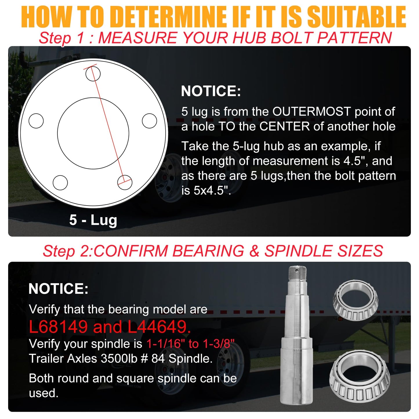 2 Sets 3500lb Trailer Axle Trailer Hub Kit 5 Bolt 4.5",5×4.5 Trailer Hub fit 1-1/16" to 1-3/8" Tapered Trailer Spindle,Trailer Hub Assembly,Boat Trailer Hubs 5 Lug (Not Fit for Straight Spindle)