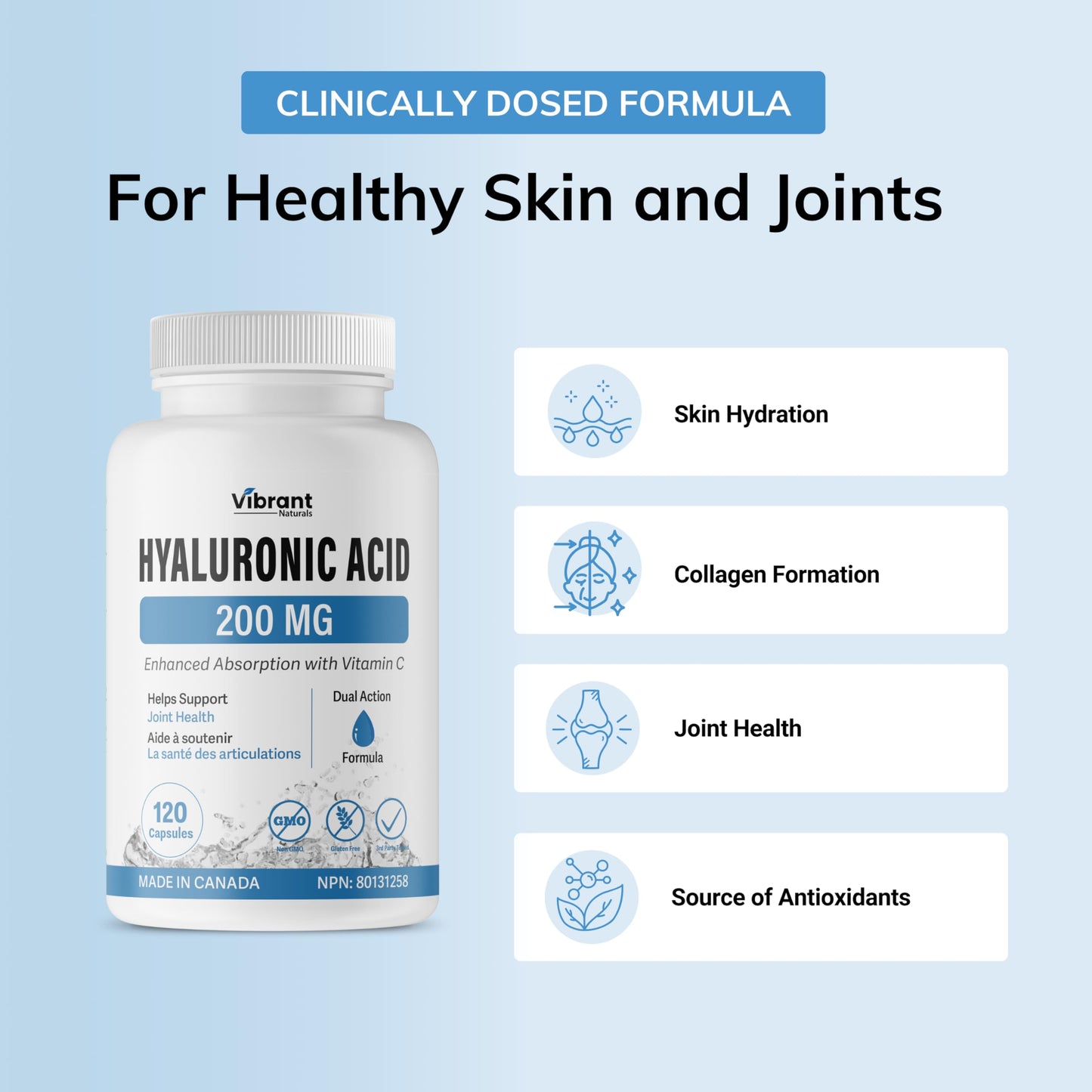 Vibrant Naturals Hyaluronic Acid Supplement 200mg - 120 Capsules, with Vitamin C 100mg, Joint & Skin Health, Non-GMO Fermentation, Gluten Free, Third Party Tested, Bioavailable Formula
