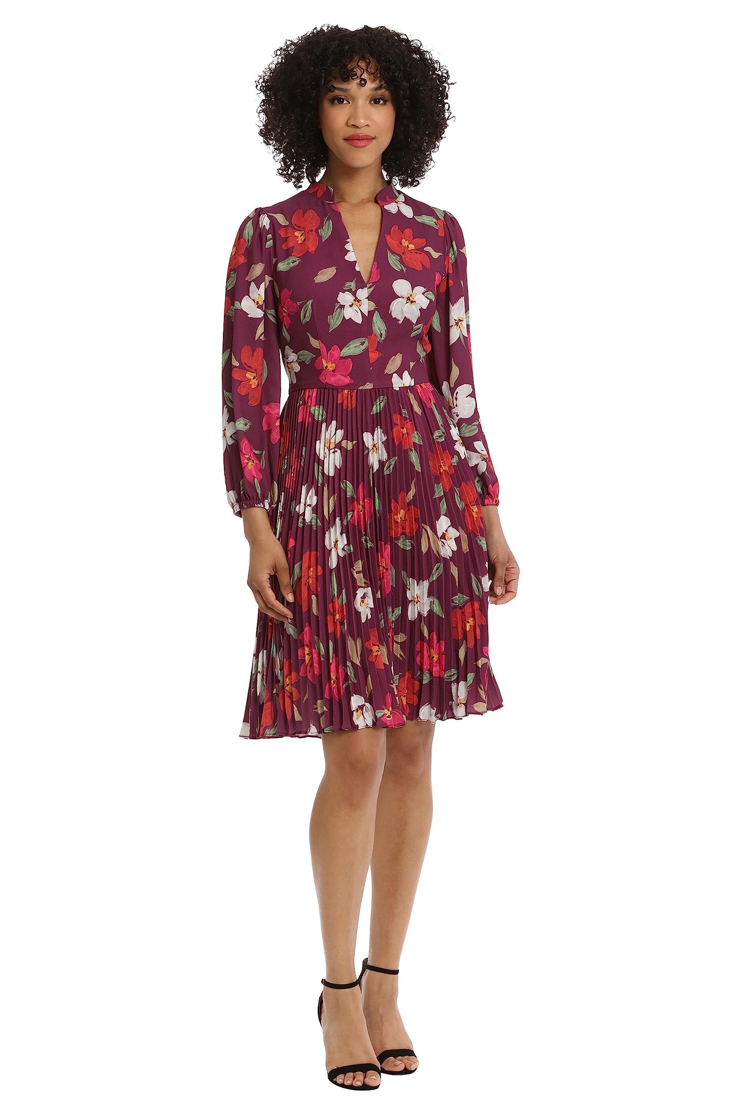 Maggy London Women's V-Neck Pleated Skirt Dress Career Workwear Desk to Dinner Event Party Guest of, Rose Wine/Raspberry
