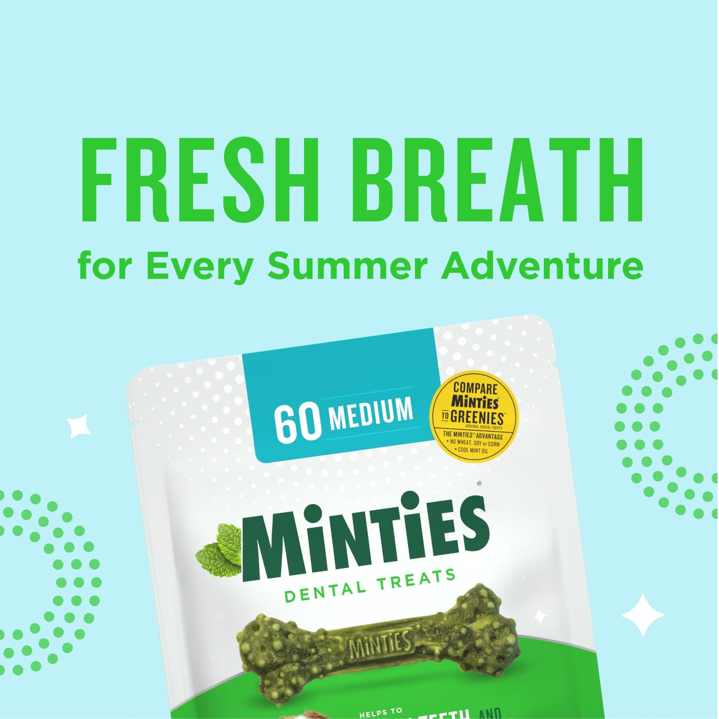 Minties Dental Chews for Dogs, 40 Count, Vet-Recommended Mint-Flavored Dental Treats for Medium Dogs 25-50 lbs, Dental Bones Clean Teeth, Fight Bad Breath, and Removes Plaque and Tartar