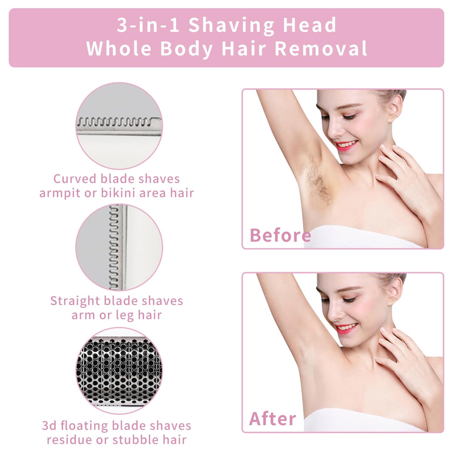 Beanify Electric Razor for Women Men,4 in 1 Painless Ladies Wet & Dry Body Razors and Facial Hair Remover,Rechargeable Led Display Hair Removal Kit for Nose Face Body Leg Bikini Arm Hair (Pink)
