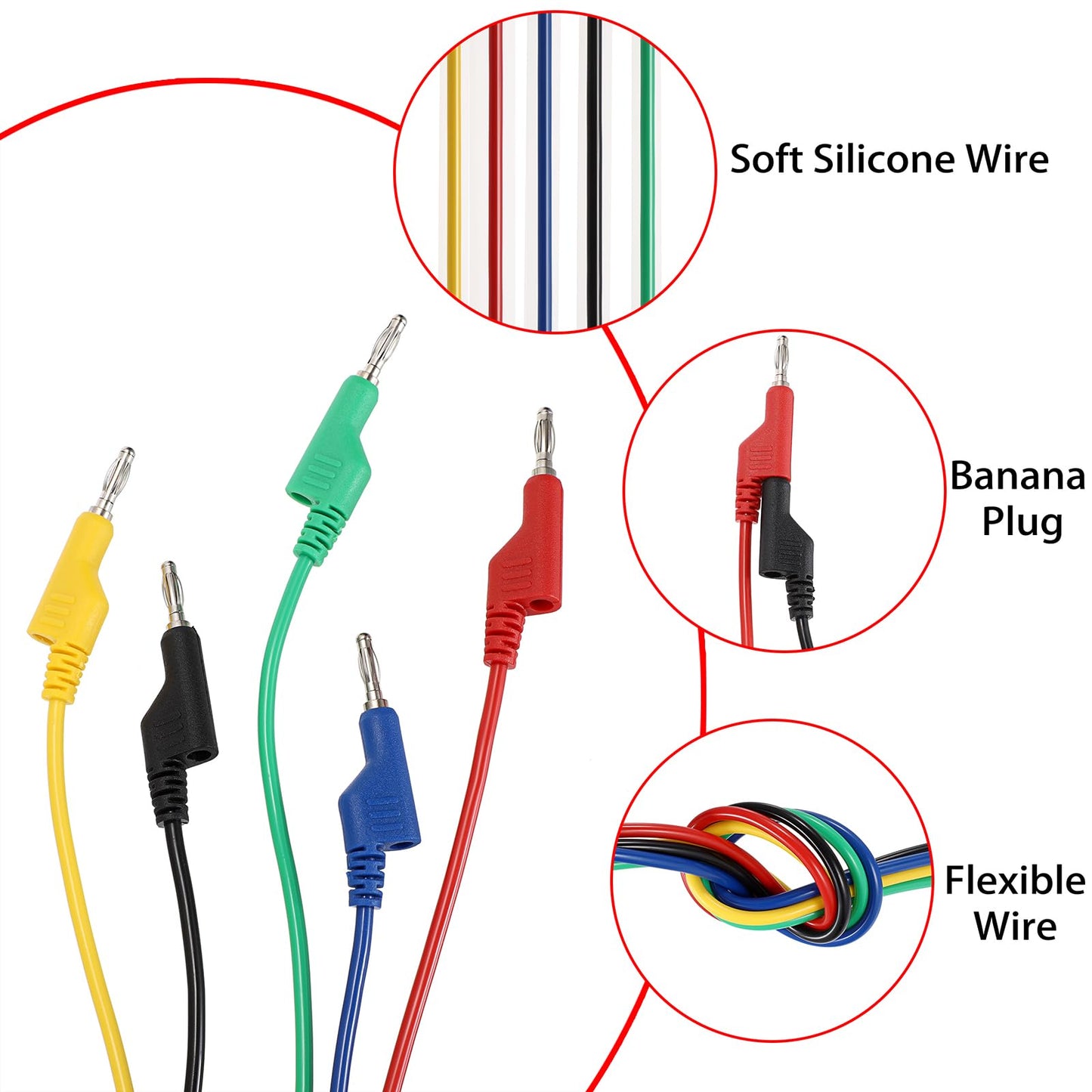 Sumnacon 5Pcs Banana to Banana Plug Test Lead, 4mm Stackable Banana Plug Wire Test Cable Lead for Multimeter, Electrical Test Wire 1000V/15A 9.8 Ft/3M