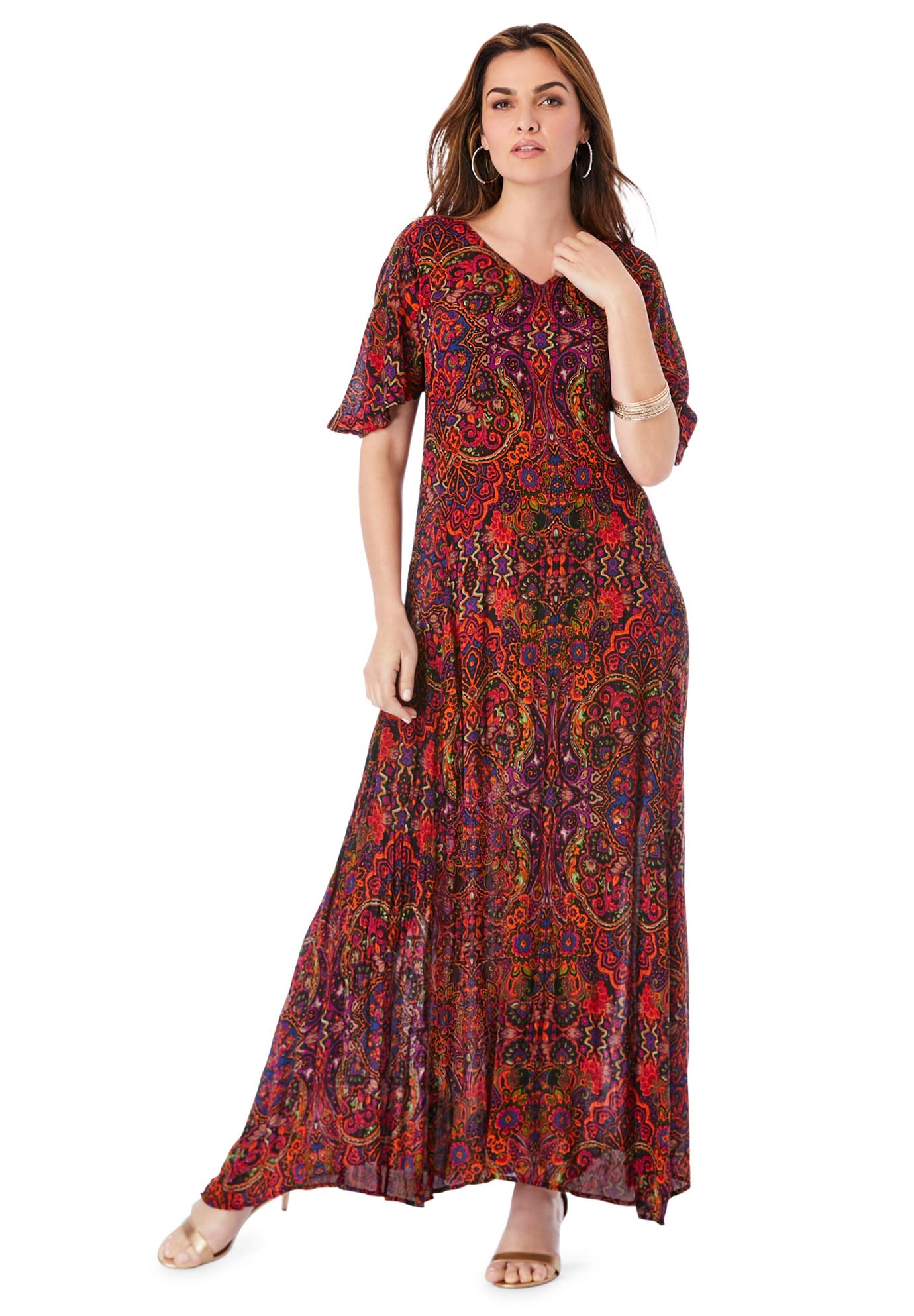 Roaman's Women's Plus Size Flutter Sleeve Crinkle Dress - 34/36, Multi Mirrored Medallion