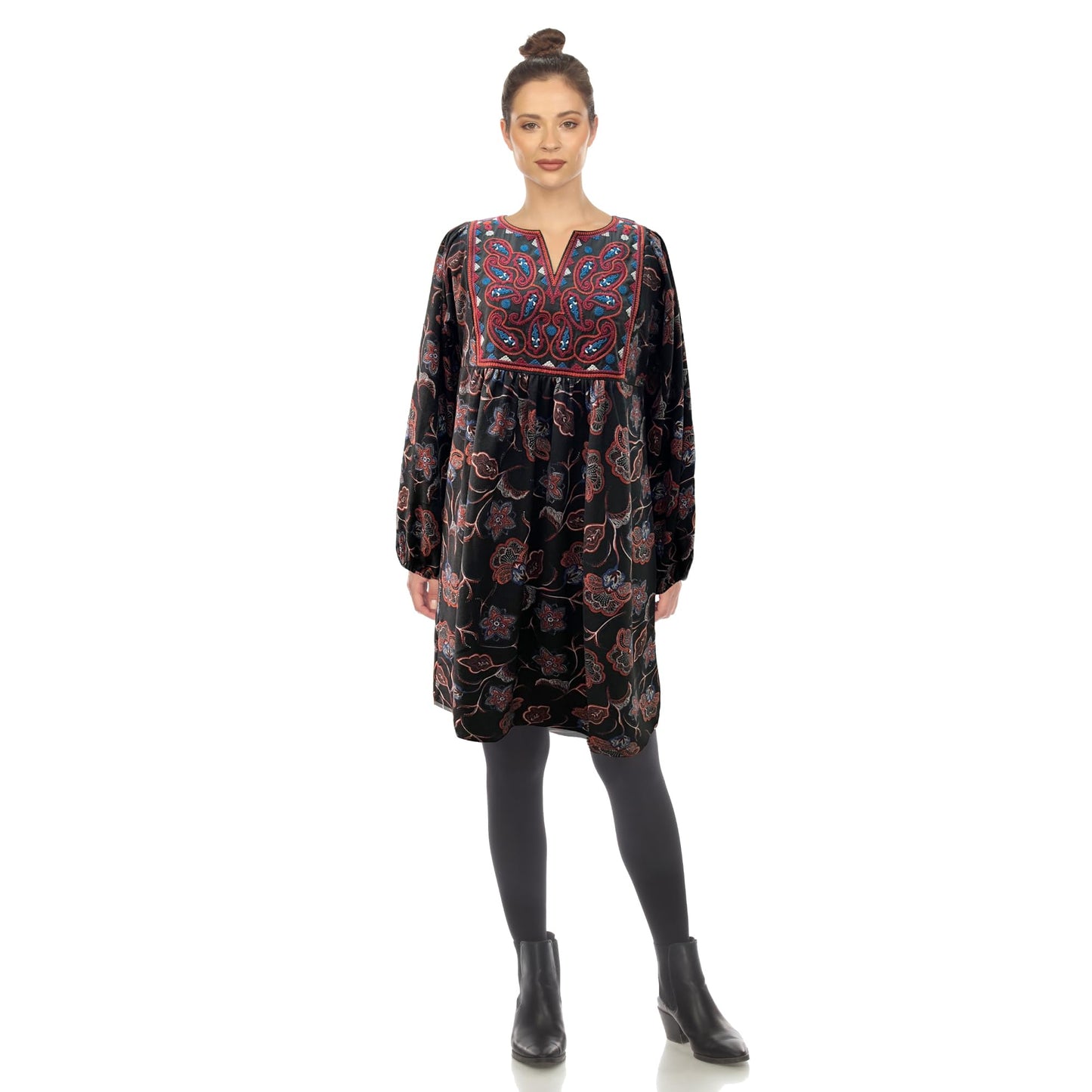 white mark Women's Floral Paisley Long Sleeve Embroidered Relaxed Sweater Dress Black/Burgundy