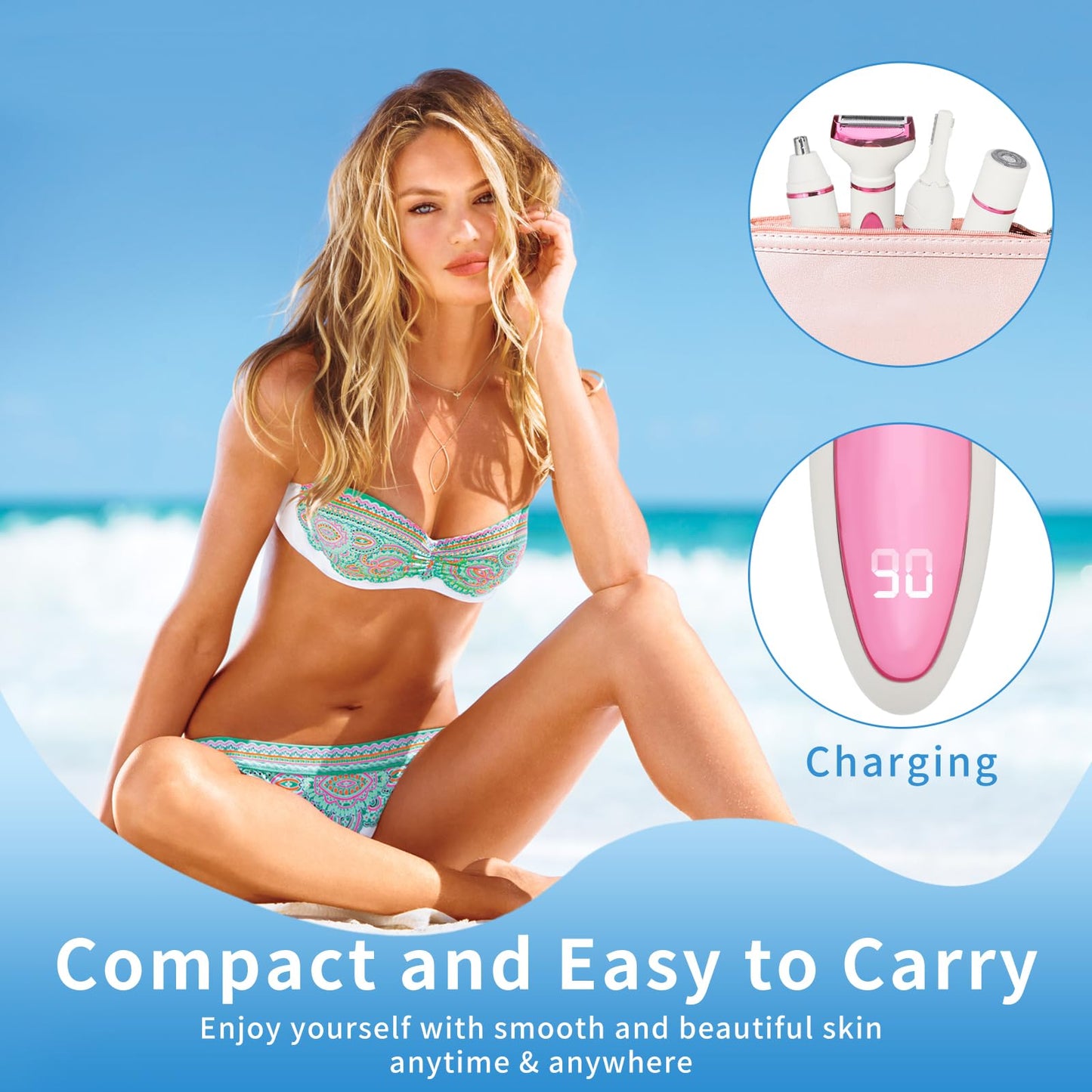 Beanify Electric Razor for Women Men,4 in 1 Painless Ladies Wet & Dry Body Razors and Facial Hair Remover,Rechargeable Led Display Hair Removal Kit for Nose Face Body Leg Bikini Arm Hair (Pink)