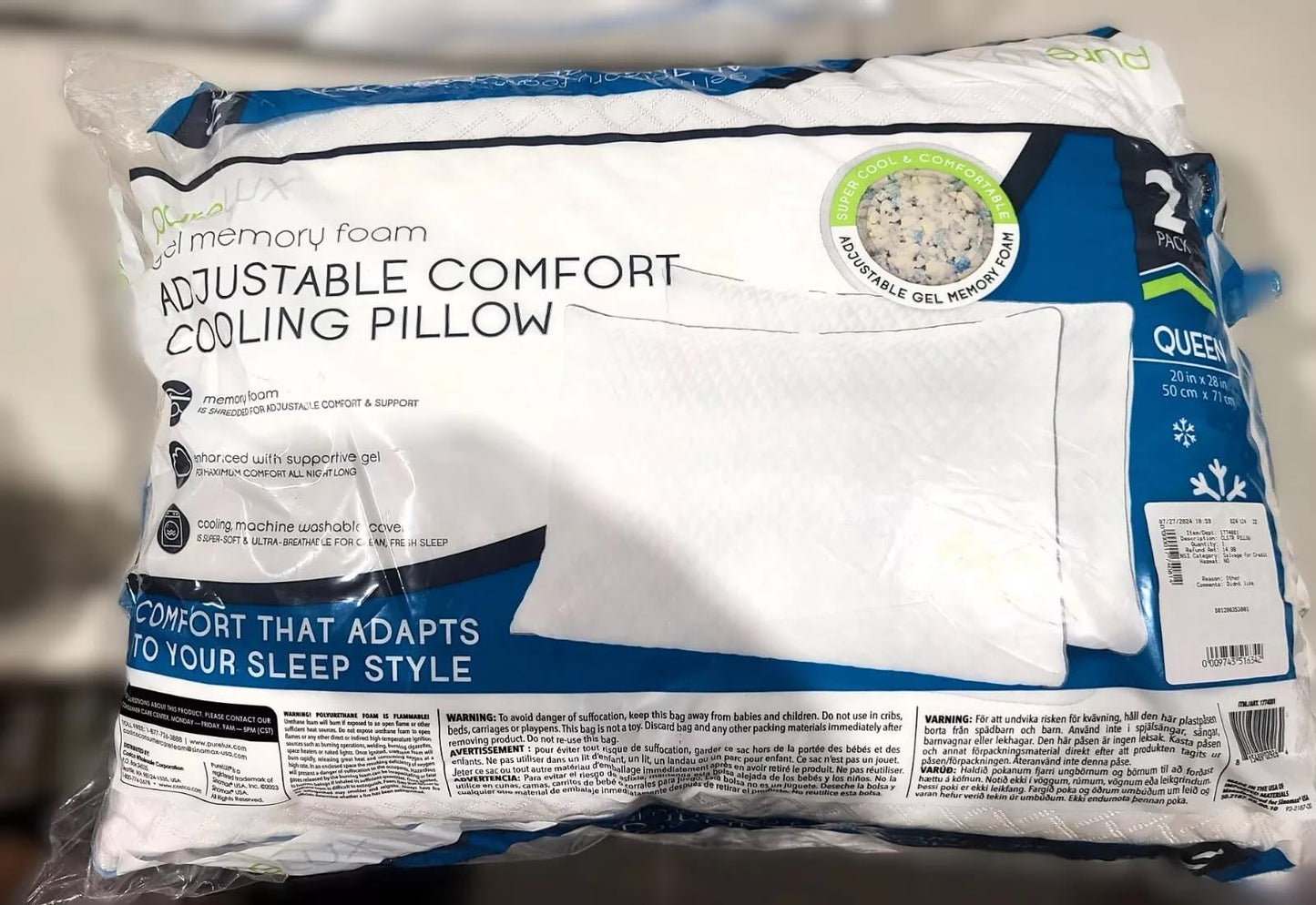 Purelux Gel Memory Foam Adjustable Comfort Cooling Pillow. Queen 2 Pack (20in x 28in)