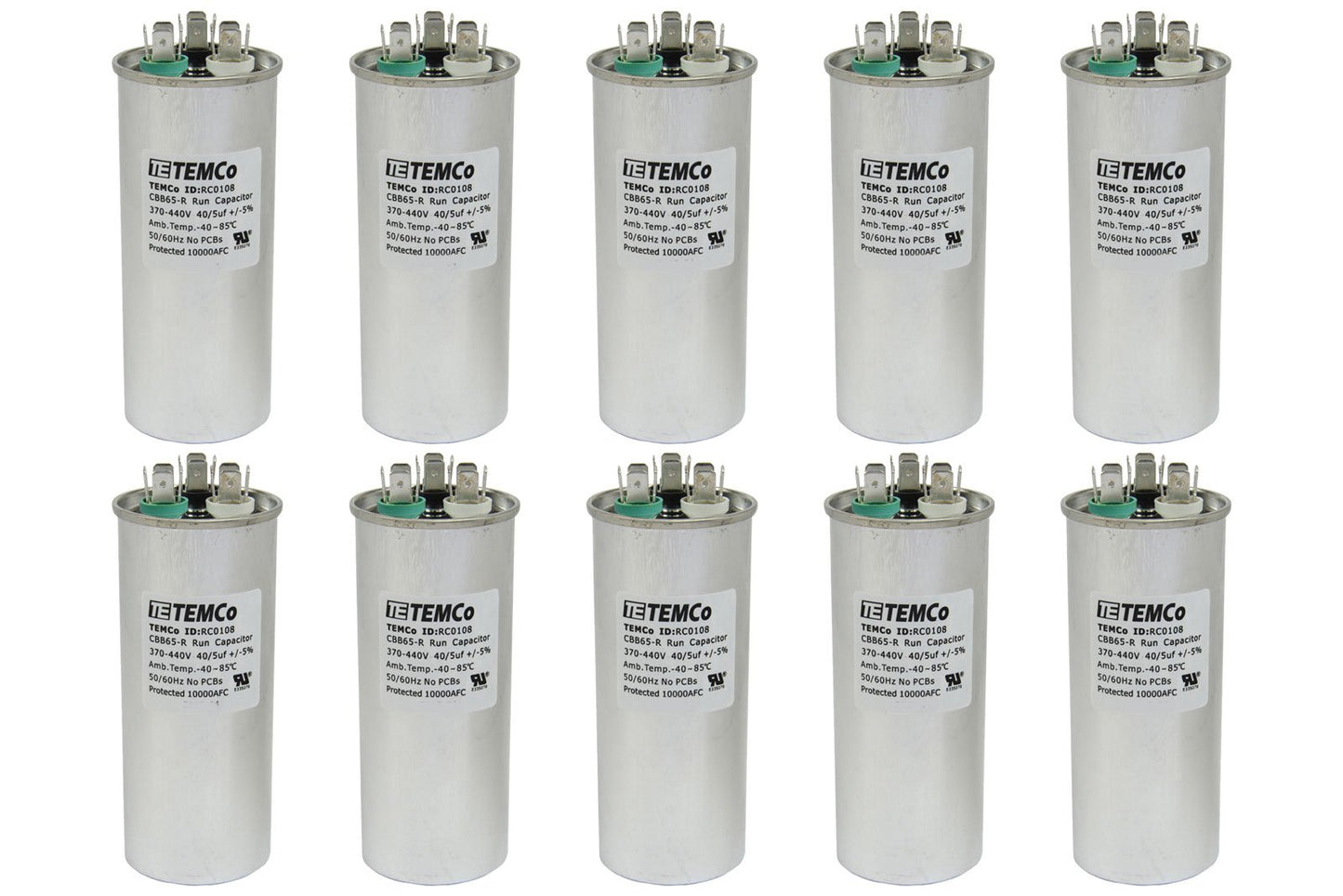 10 Pack TEMCo 40+5 uF Dual Run Capacitor CBB65, 40/5 MFD, 370-440V, Round, 50/60Hz | for HVAC AC Fan, Motor, Blower Applications