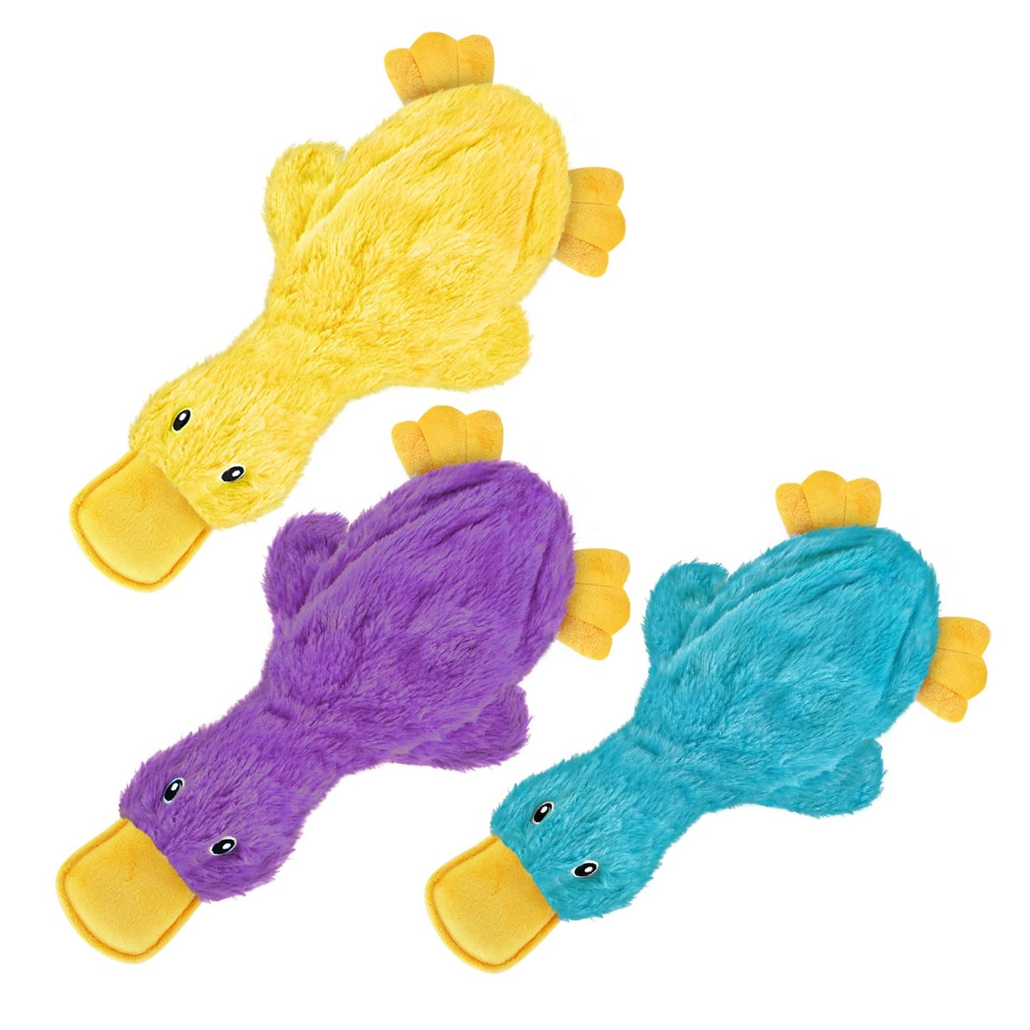 Best Pet Supplies Crinkle Dog Toy for Small, Medium, and Large Breeds, Cute No Stuffing Duck with Soft Squeaker, Fun for Indoor Puppies and Senior Pups, Plush No Mess Chew - Yellow, Purple & Turquoise