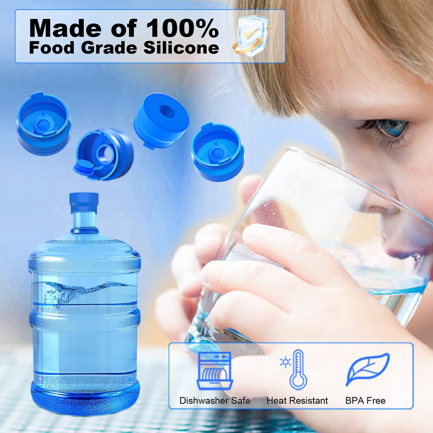 MYLOLF 3 & 5 Gallon Water Jug Cap, Reusable Food Grade Silicone Replacement Cap for 55mm Standard/Screw/Crown Tops Water Bottle and Water Dispensers, Non-Spill & Leak Free - 12PCS