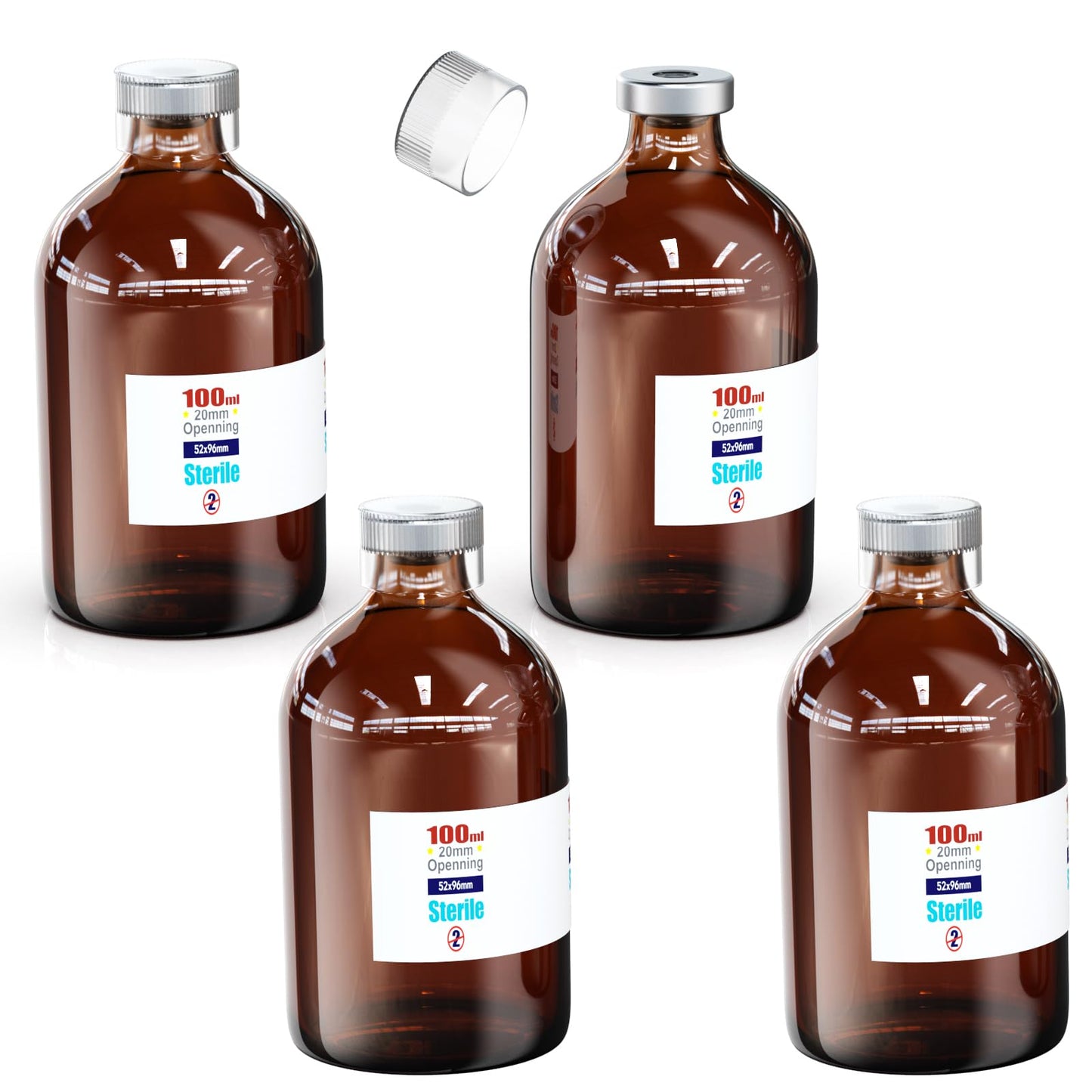 Biomed Solutions Sterile Empty Vial with Reusable Plastic Cap,Ready to Fill Glass Containers, Liquid Injection Bottle Sealed with Self Healing Injection Port (100ml Amber 4pcs)