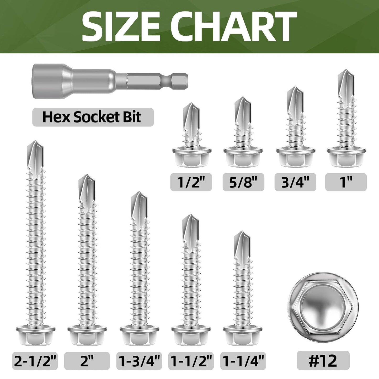 #12 x 2 (100 PCS) Sheet Metal Screws, Hex Washer Head Self Drilling Screw, 410 Stainless Steel Flanged Fast Self Tapping Screws, Hex Bit Socket Included