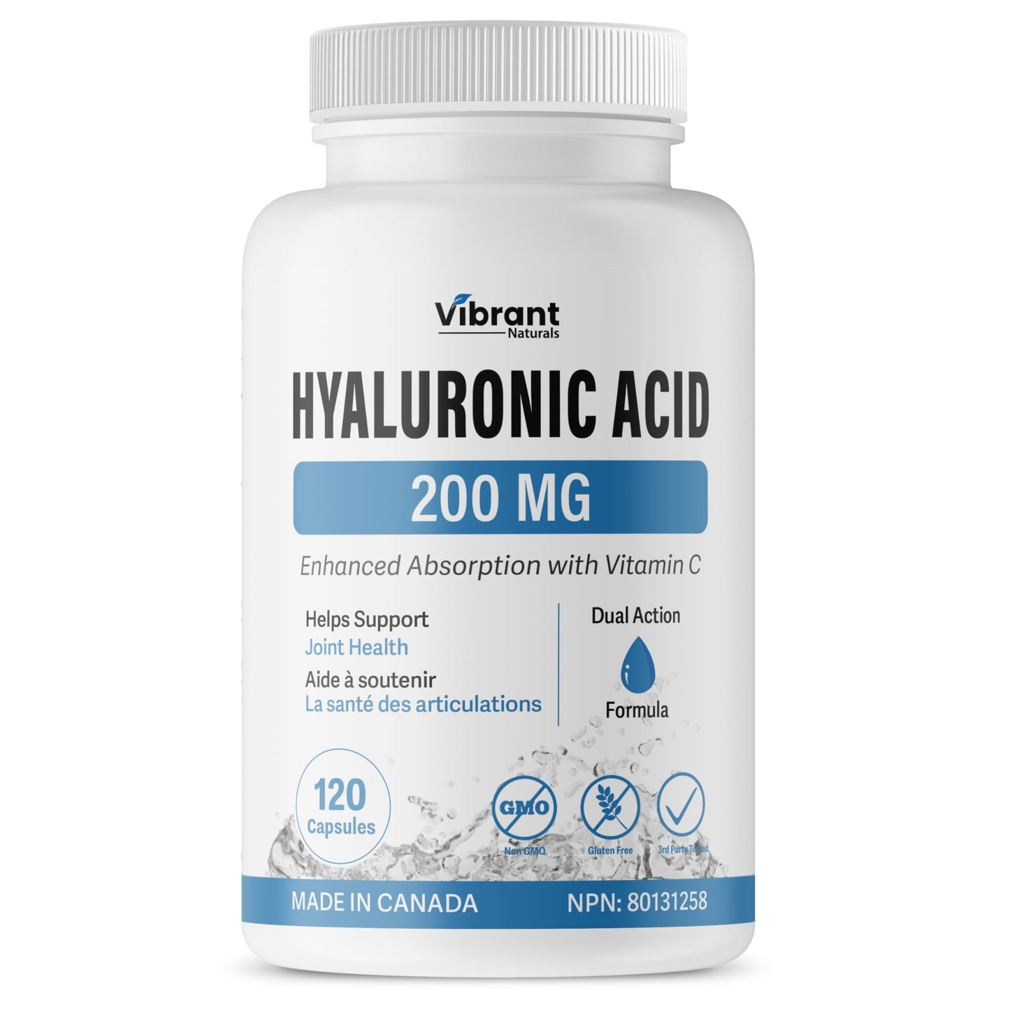 Vibrant Naturals Hyaluronic Acid Supplement 200mg - 120 Capsules, with Vitamin C 100mg, Joint & Skin Health, Non-GMO Fermentation, Gluten Free, Third Party Tested, Bioavailable Formula