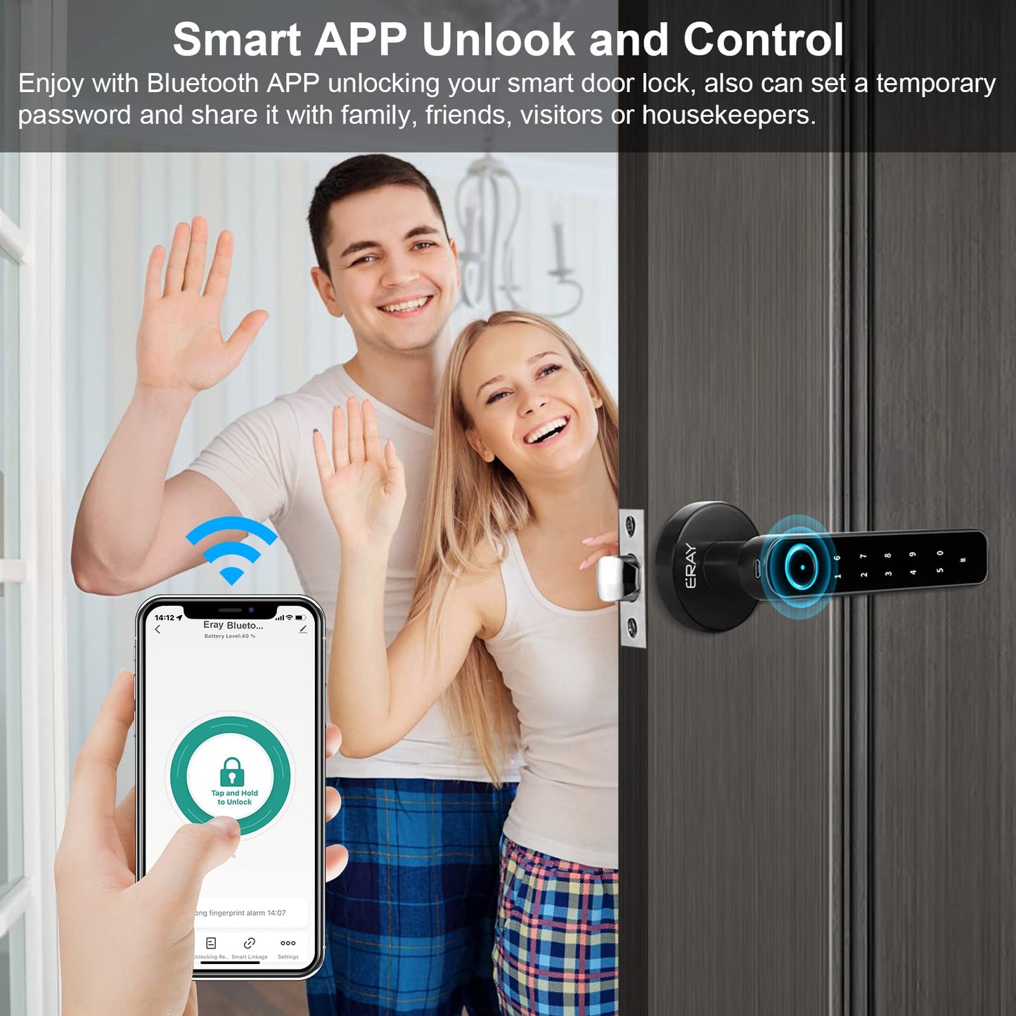 Fingerprint Door Lock Set, ERAY Smart Door Lock, 4 in 1 Keyless Entry Door Knob with Bluetooth APP, Fingerprint, Keypad Code, Keys, Interior Security Lock Set for Home Hotel Apartment