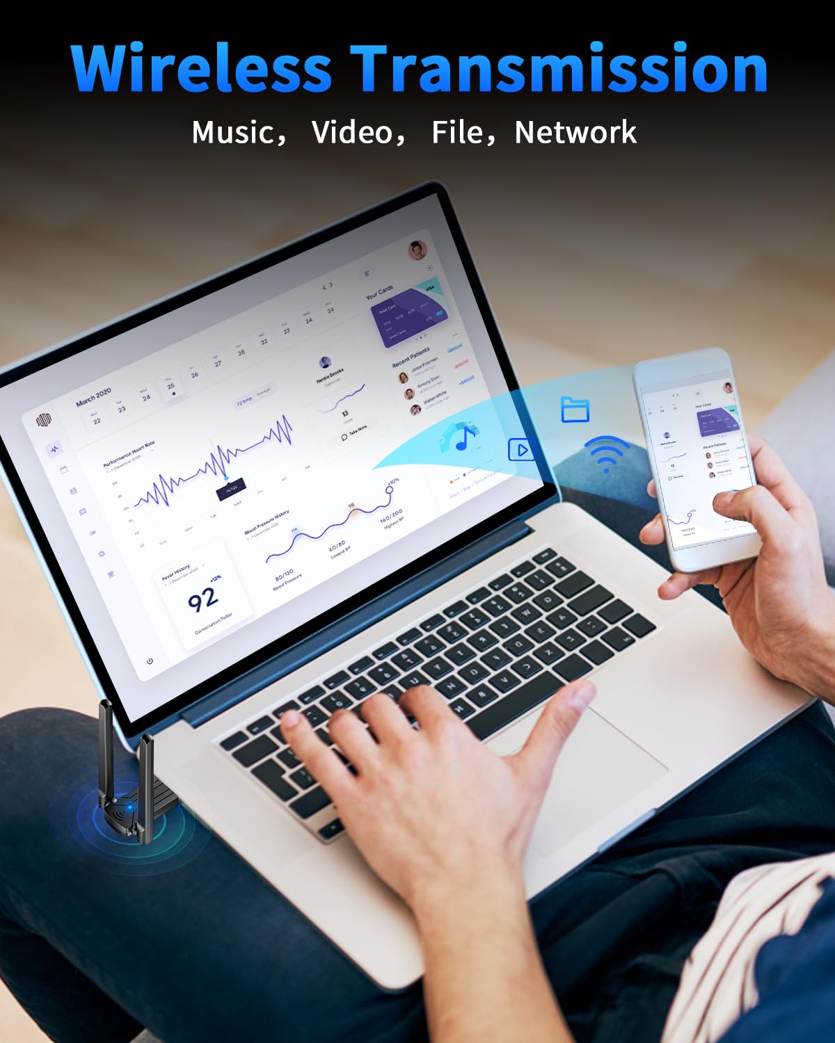 ZEXMTE 5.4 USB Bluetooth Adapter for PC, Plug & Play Bluetooth Transmitter & Reciver, EDR & BLE, High Gain Antenna, 590FT / 180M Long Range for PC Windows 11/10/8