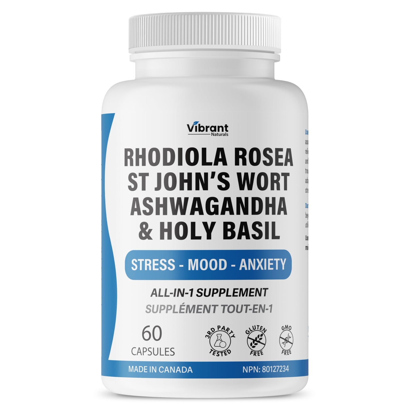 Rhodiola Rosea, St John’s Wort, Ashwagandha - Stress & Anxiety Relief Supplement With Holy Basil, Mood Support, Stress Relief Supplement, 3rd Party Tested, Made In Canada, 60 Capsules
